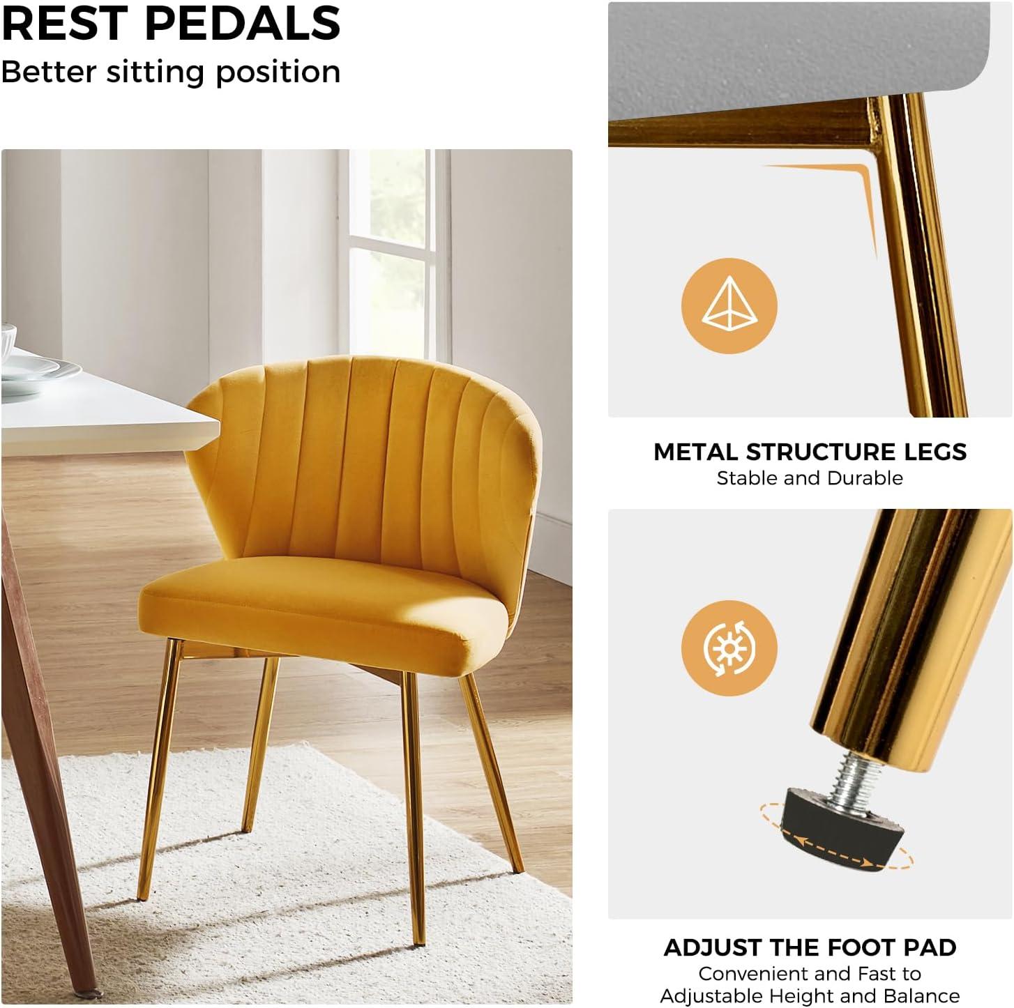 HULALA HOME Velvet Dining Chairs, Modern Small Armless Accent Chair with Gold Metal Legs, Living Room Upholstered Cute Side Chair, Elegant Tufted Back Vanity Chair for Bedroom/Beauty Room-Mustard