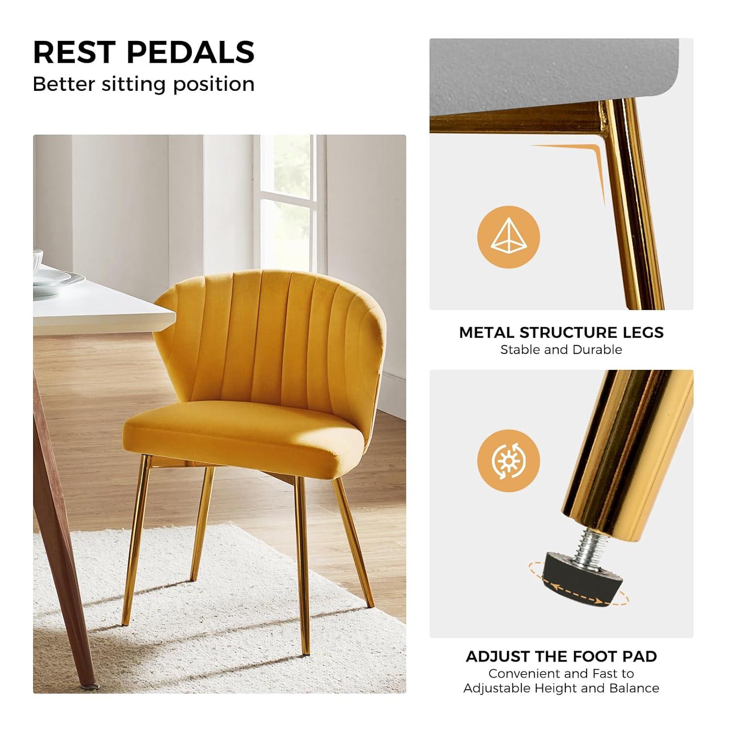 HULALA HOME Velvet Dining Chairs, Modern Small Armless Accent Chair with Gold Metal Legs, Living Room Upholstered Cute Side Chair, Elegant Tufted Back Vanity Chair for Bedroom/Beauty Room-Mustard