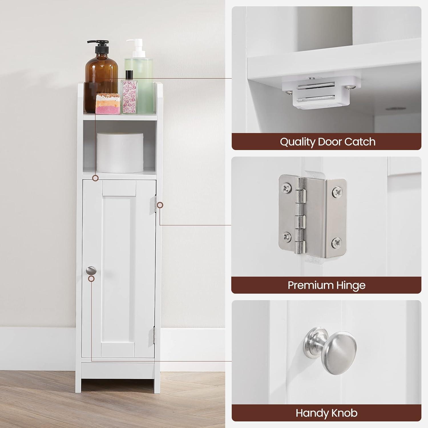 White MDF Narrow Bathroom Storage Cabinet with Adjustable Shelves