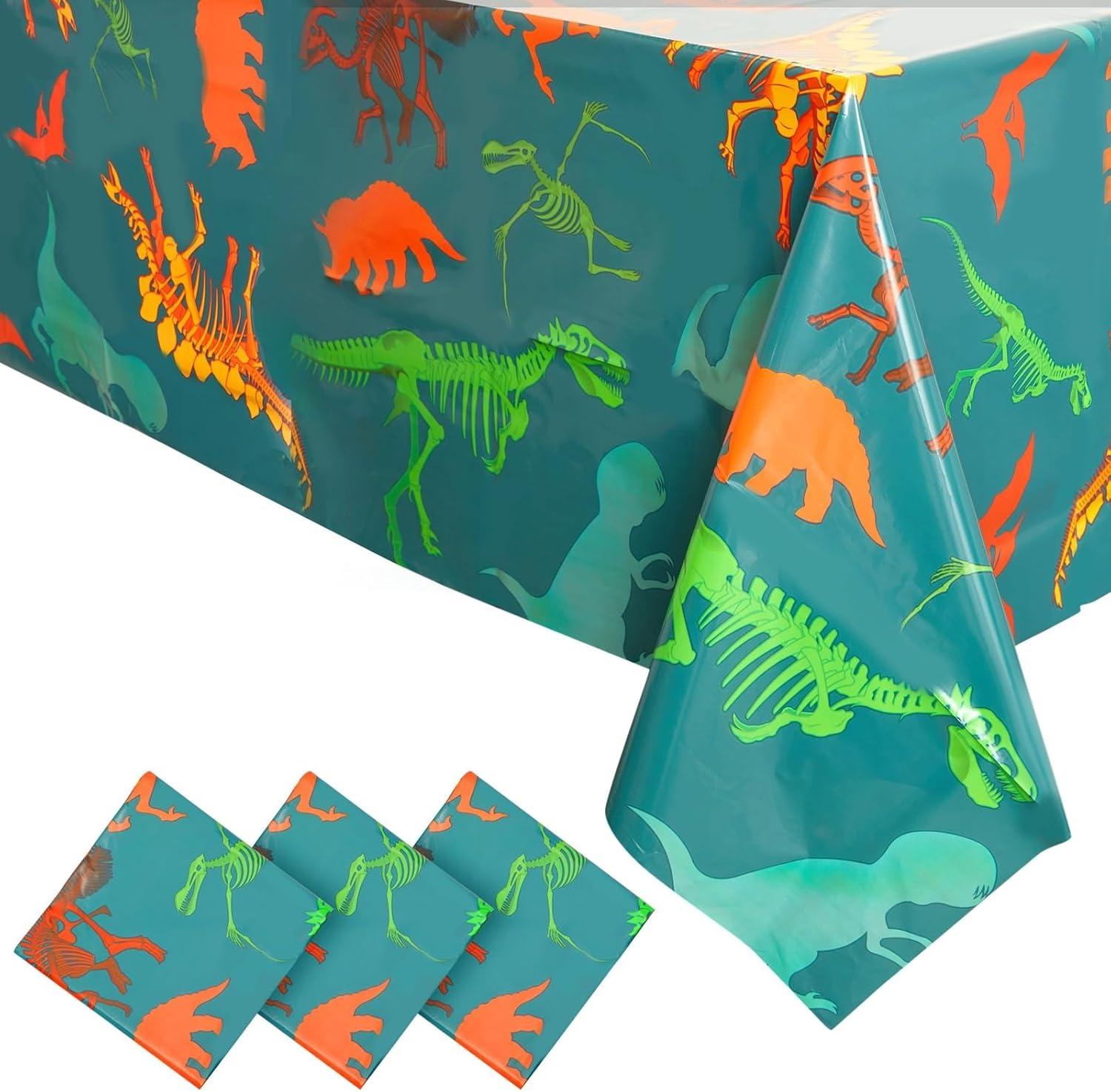 Blue Panda 3 Pack Dinosaur Tablecloth for Birthday Party Supplies, Classroom Party, Disposable Table Cover, Green (54 x 108 In)