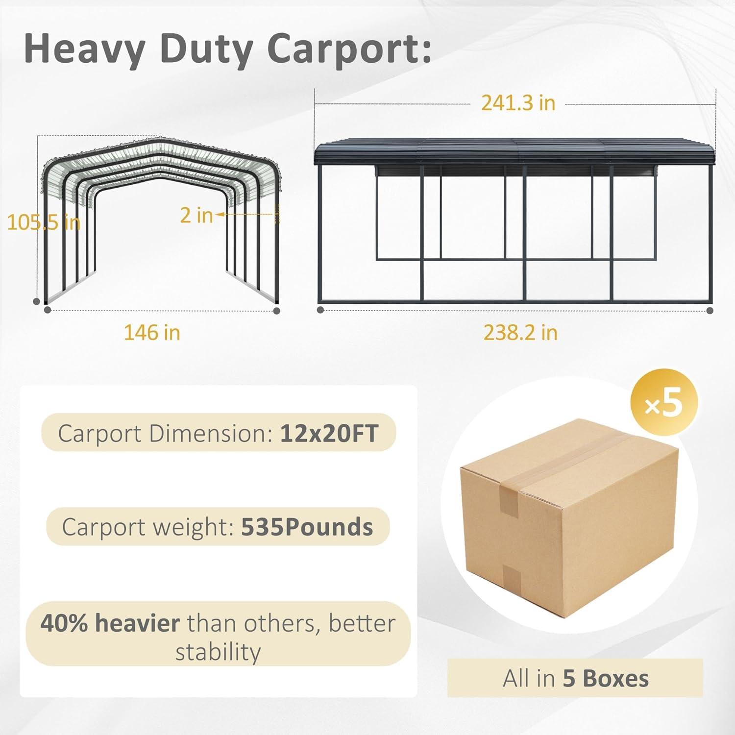 12x20FT Metal Carport,Heavy Duty Car Port with Reinforced All-Metal Frame,Galvanized Steel Outdoor Garage for Snow,Waterproof Car Shelter for Pickup, Boat,Car,Tractors