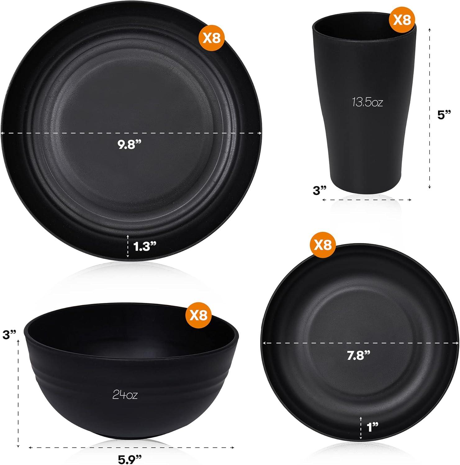 32 Pcs Wheat Straw Dinnerware Sets,Plastic Plates and Bowls Sets for 8,Unbreakable Dinnerware Set,Reusable Lightweight Black Dish Set for Kitchen,Camping,Party,RV,Dishwasher Microwave Safe