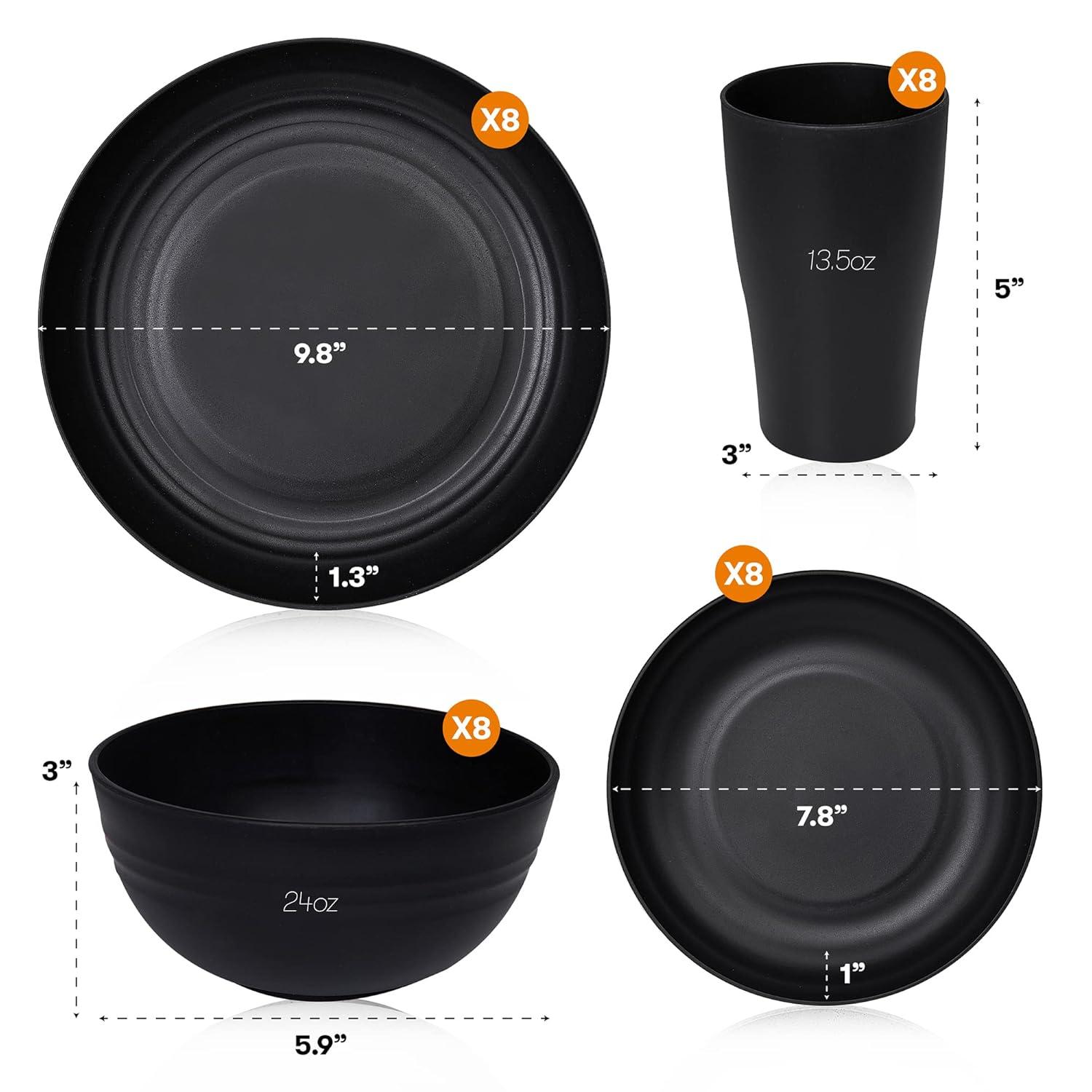 32 Pcs Wheat Straw Dinnerware Sets,Plastic Plates and Bowls Sets for 8,Unbreakable Dinnerware Set,Reusable Lightweight Black Dish Set for Kitchen,Camping,Party,RV,Dishwasher Microwave Safe
