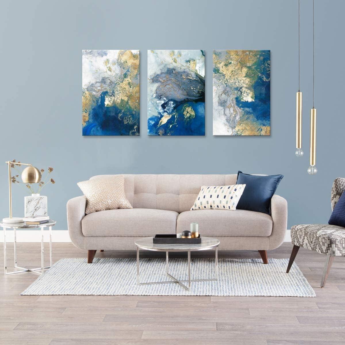 Ocean Abstract Canvas Art Blue Picture Gold Teal Painting Crashing Waves Artwork 3 Panel Wall Decor for Living Room Ready to Hang