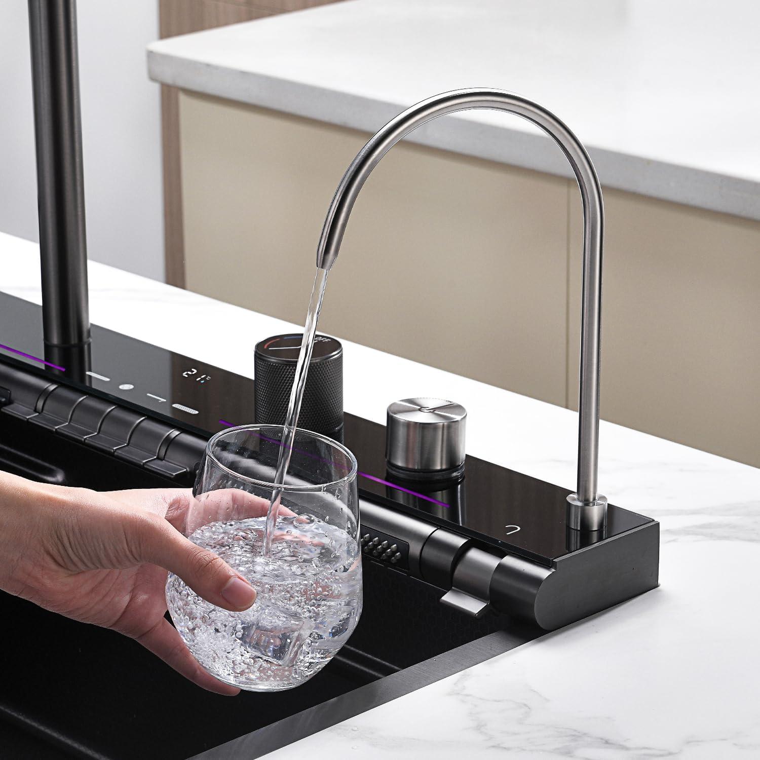 Lefton 304 Stainless Steel Kitchen Sink Set with Pull-down Faucet, Waterfall & Rainfall Water Outlet, Glass Rinser, Soap Dispenser & Filtered Faucet, Battery-free Temperature Display, Grey, KS2207