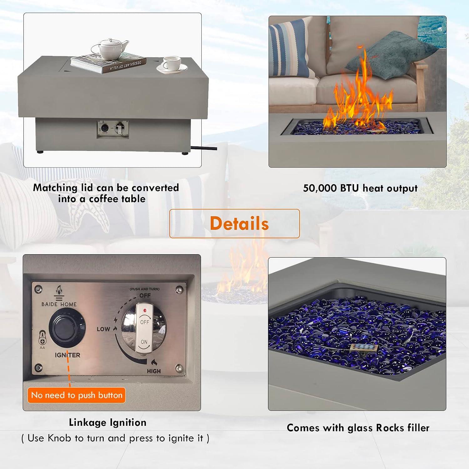 BAIDE HOME 32.5" Square Steel Low Profile Gas Fire Pit Table, 50,000 BTU Outdoor Propane Fire Pit with Lid, Glass Rocks, Cover, Pre-attached 10ft Propane Hose