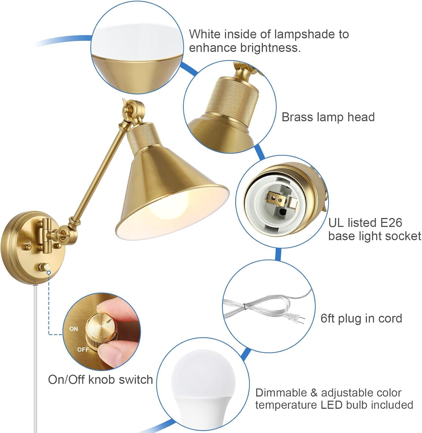 TRLIFE Wall Sconce Plug In, Dimmable Wall Sconce Brushed Brass Swing Arm Wall Lights with Plug in Cord and Dimmer On/Off Knob Switch, Wall Mounted Light for Bedside Bedroom Stairway (1 Pack, 1 Bulb)