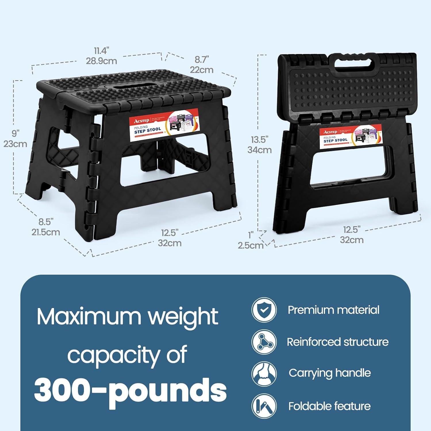ACSTEP Folding Step Stool 9'' Tall Kids Step Stool Plastic Step Stools with Non-Slip Surface - Black