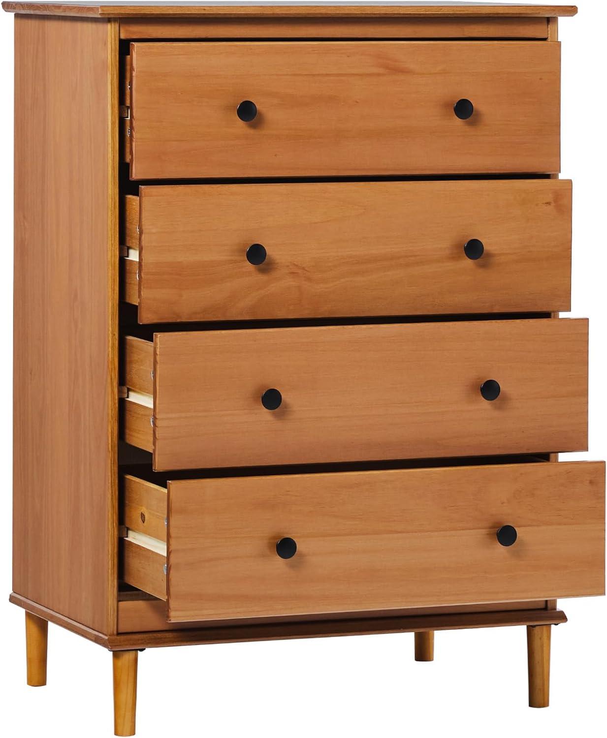 Caramel Mid-Century Modern 4-Drawer Solid Wood Dresser