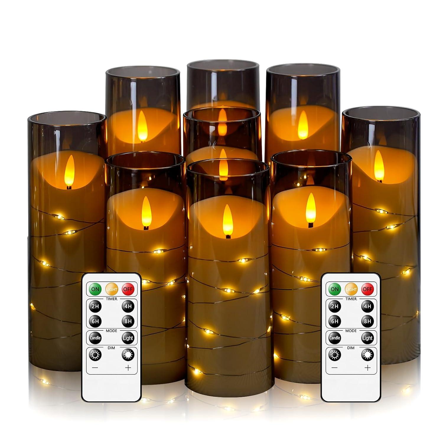 Gray Flameless LED Decorative Pillar Candles with Remote, Set of 9