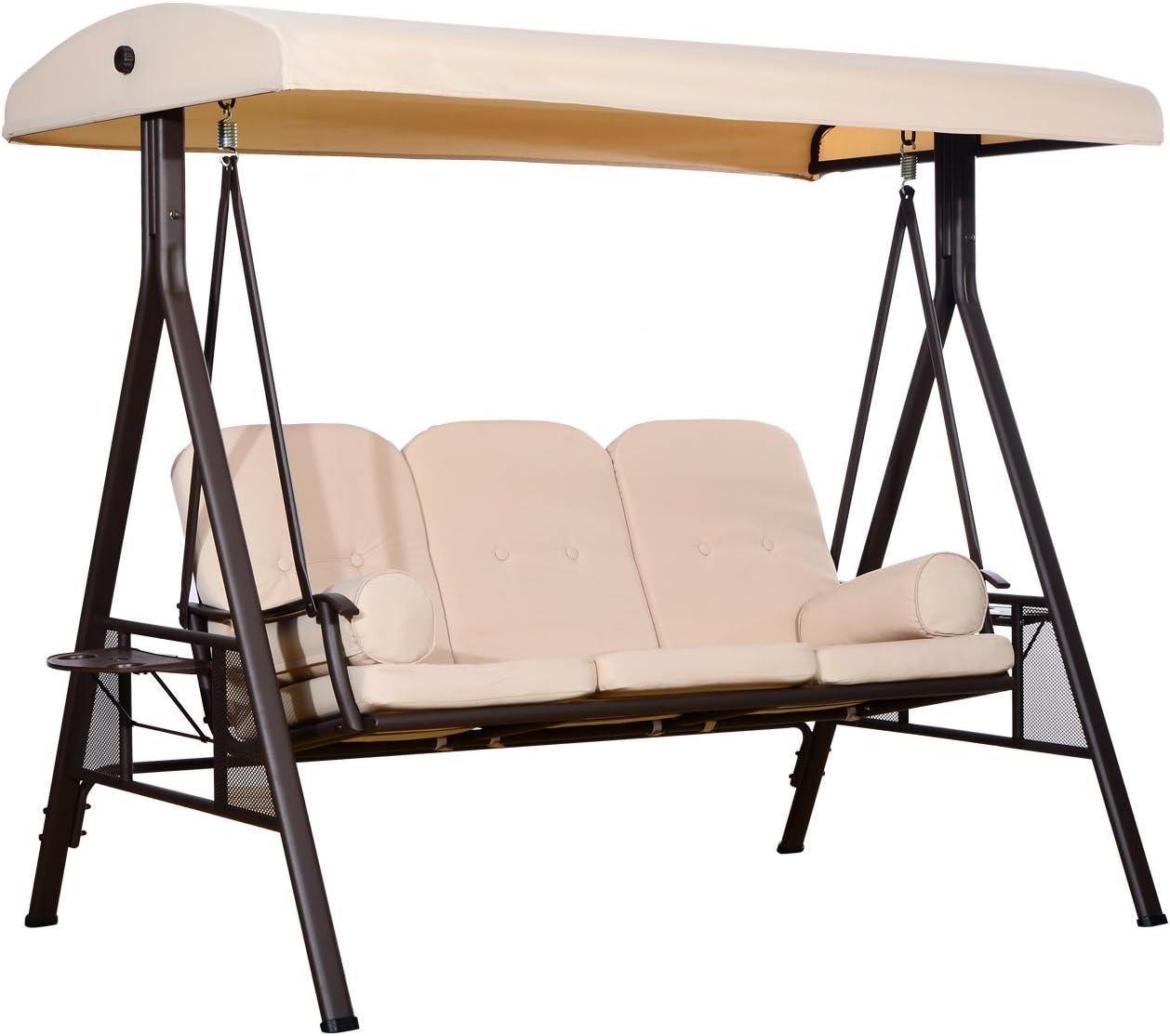 Outsunny 3-Seat Outdoor Patio Swing with Adjustable Tilt Canopy, Cushions, Pillow, Steel Frame, Side Tray, Cup Holder, Beige