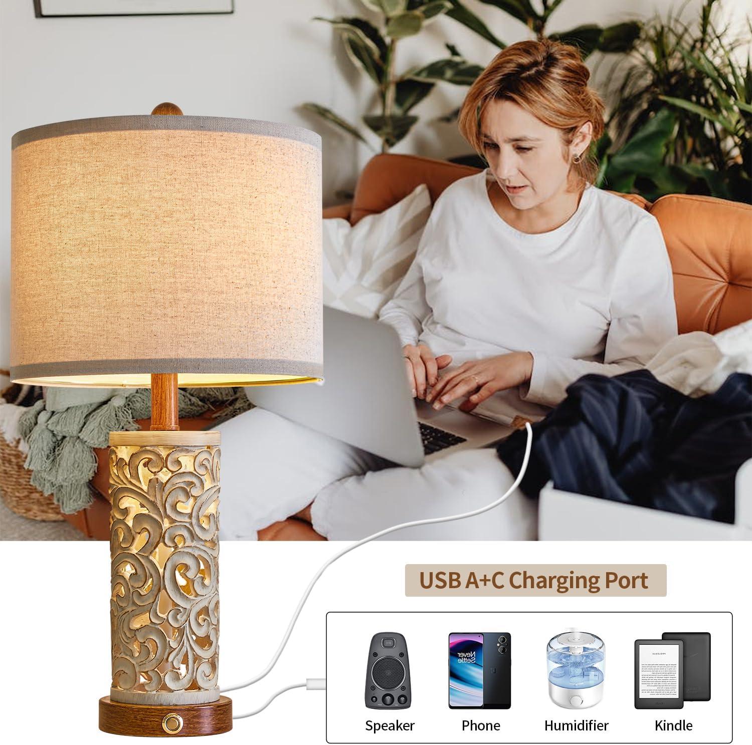 Ophelia & Co. 3-Way Dimmable 22'' Table Lamp Set Of 2 For Living Room Bedroom Farmhouse Vintage Retro Bedside Lamps Touch Control With USB Ports Linen Shade For Home Office (Wash, Bulb Included)
