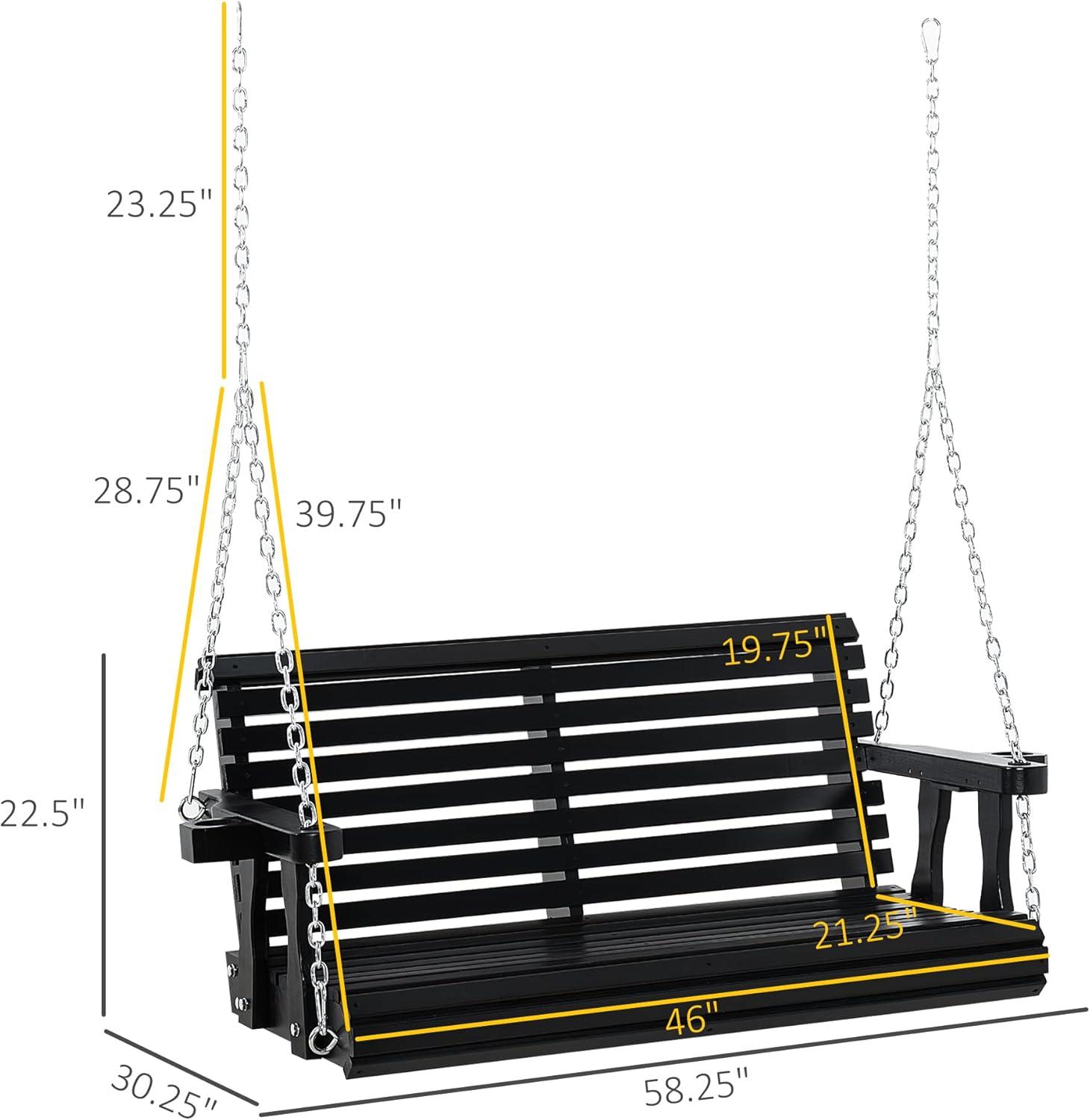 Outsunny 46" 2-Person Porch Swing Wooden Patio Swing Bench with Cup Holders, Slatted Design, & Chains Included, 440lb Weight Capacity, Black
