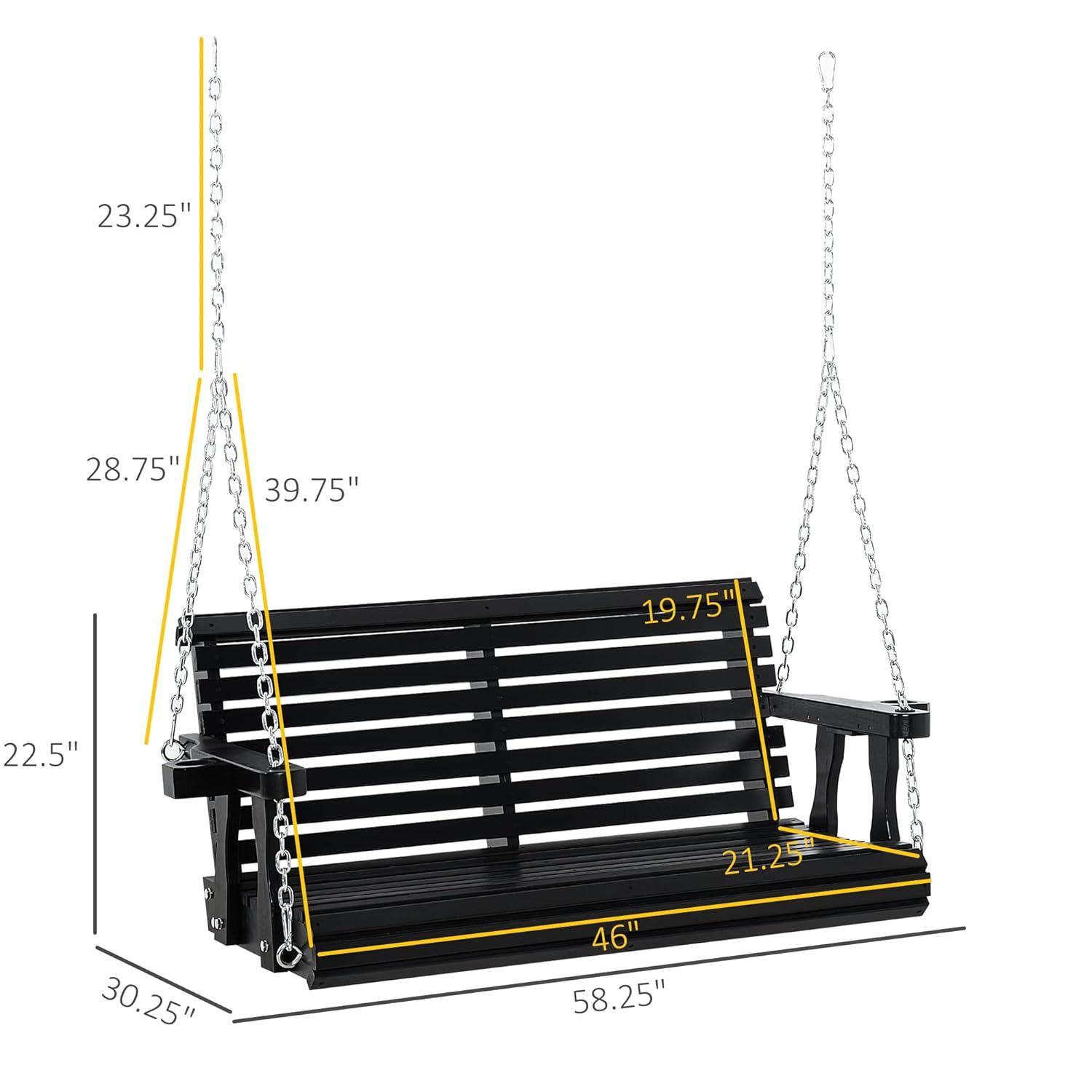 Outsunny 46" 2-Person Porch Swing Wooden Patio Swing Bench with Cup Holders, Slatted Design, & Chains Included, 440lb Weight Capacity, Black