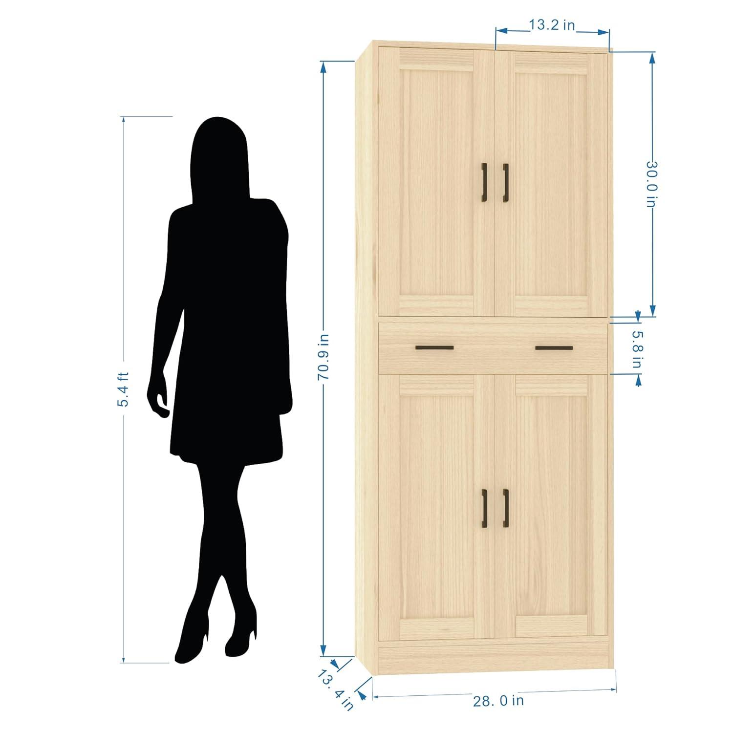 DIYART Oak Kitchen Pantry Cabinet, 71" Tall Kitchen Storage Cabinet with doors and Drawer