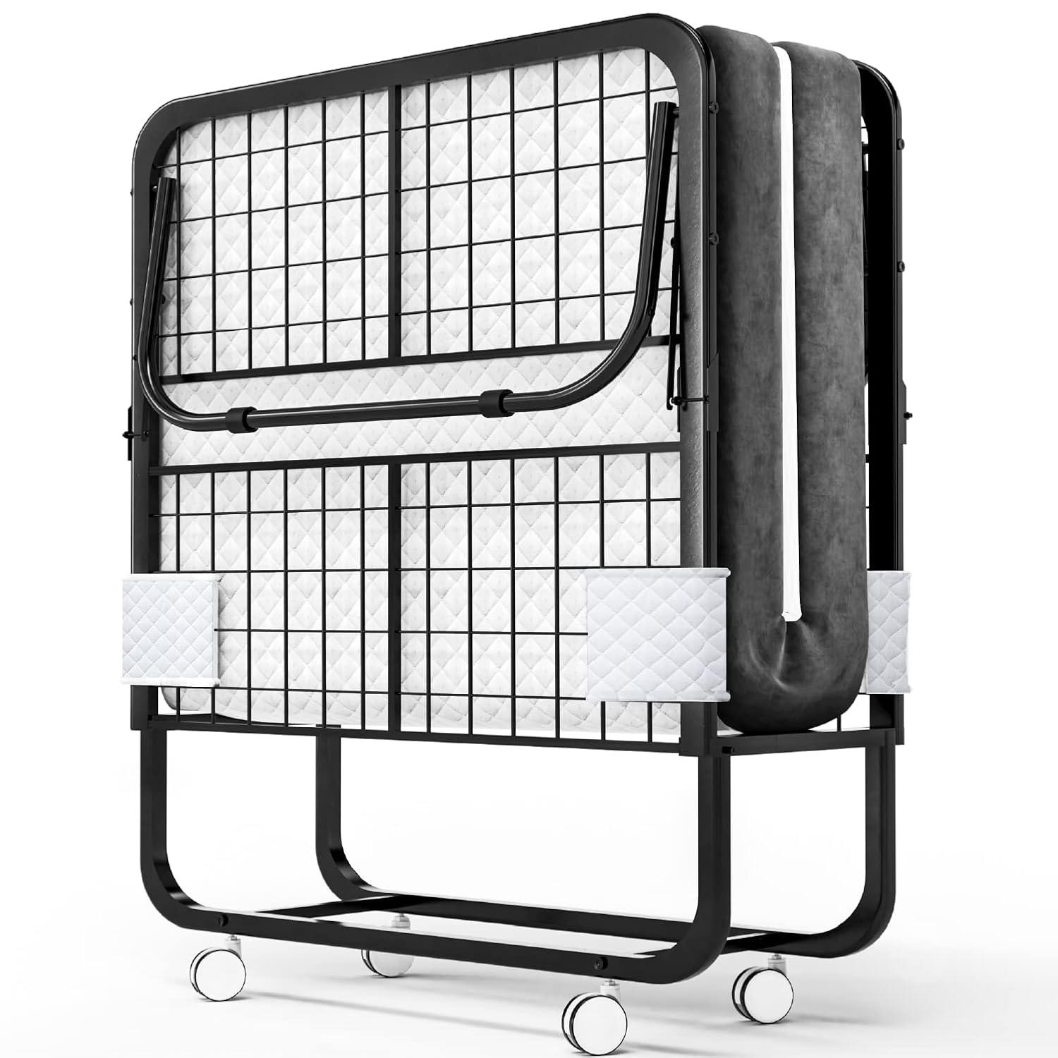 EconoHome Folding Bed with Mattress - 75x31 Cot Size Bed Frame - Portable Foldable Roll Away Adult Bed for Guest - 5-inch Thick Memory Foam Cot Mattress - Space Saving Fold Up Bed for Easy Storage