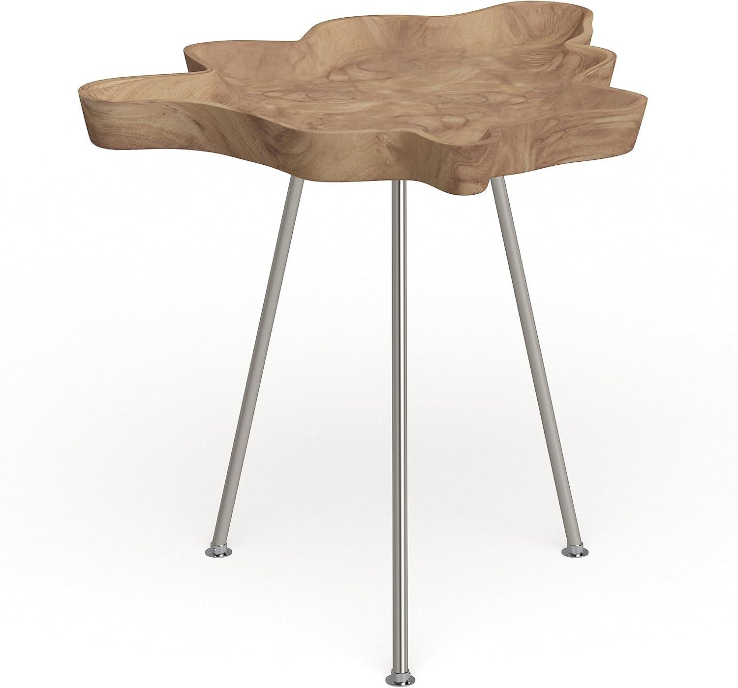DecMode 27" x 22" Brown Teak Wood Live Edge Top Accent Table with Silver Metal Tripod Legs, 1-Piece
