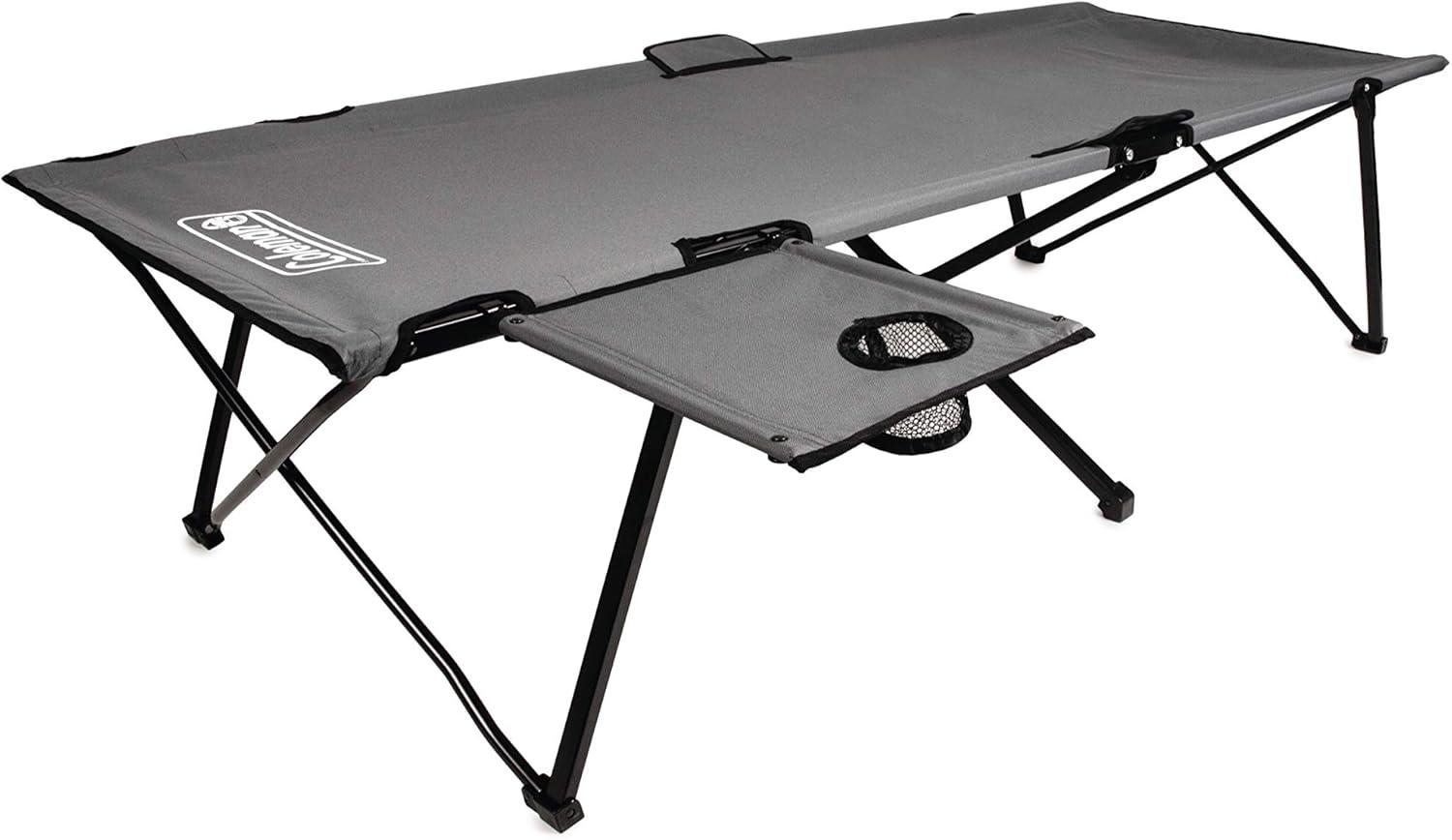 Gray Steel Camping Cot with Removable Side Table