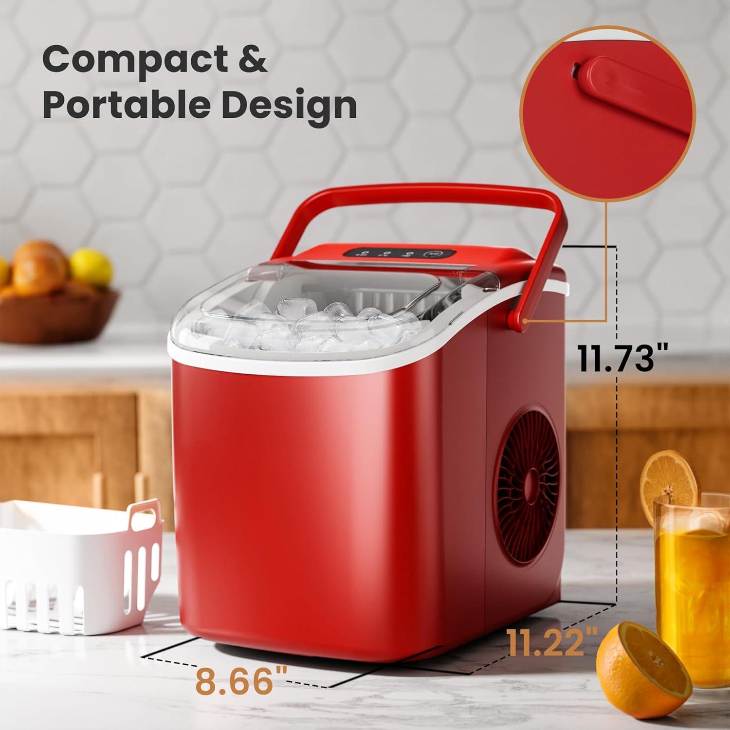 Red Portable Countertop Ice Maker with Handle and Self-Cleaning Function