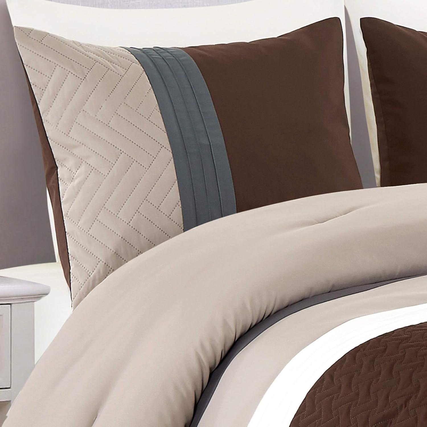 3 Piece Modern Design Queen Comforter Set. Multicolor Grey/Coffee Brown/Beige Taupe Color All Season Down Alternative Bedding Decor- Leni