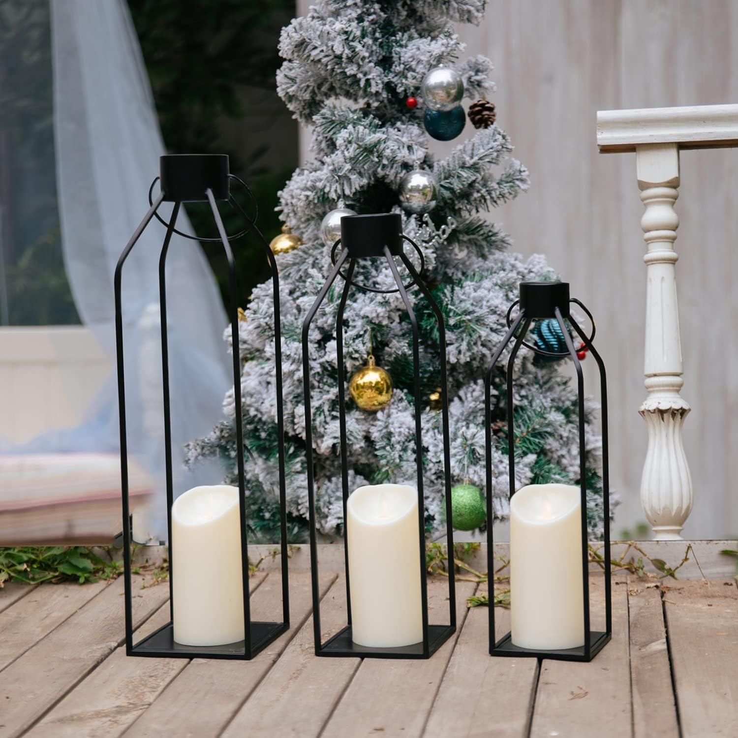 Black Metal Tabletop and Hanging Candle Lantern Set with LED Candles