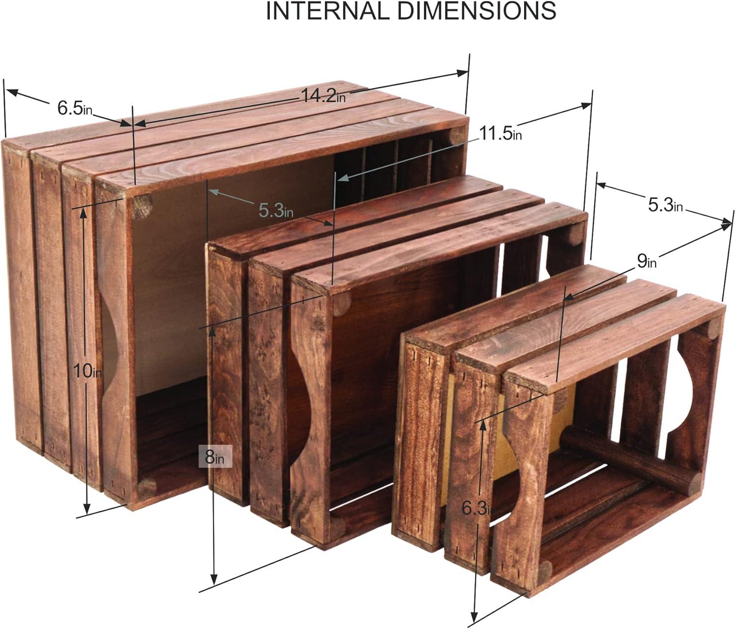 Rustic Wood Crates for decorative display, Nesting Crate set for storage and farmhouse style decor, wooden boxes made from 100% American Wood (Dark Walnut, Set of 3)