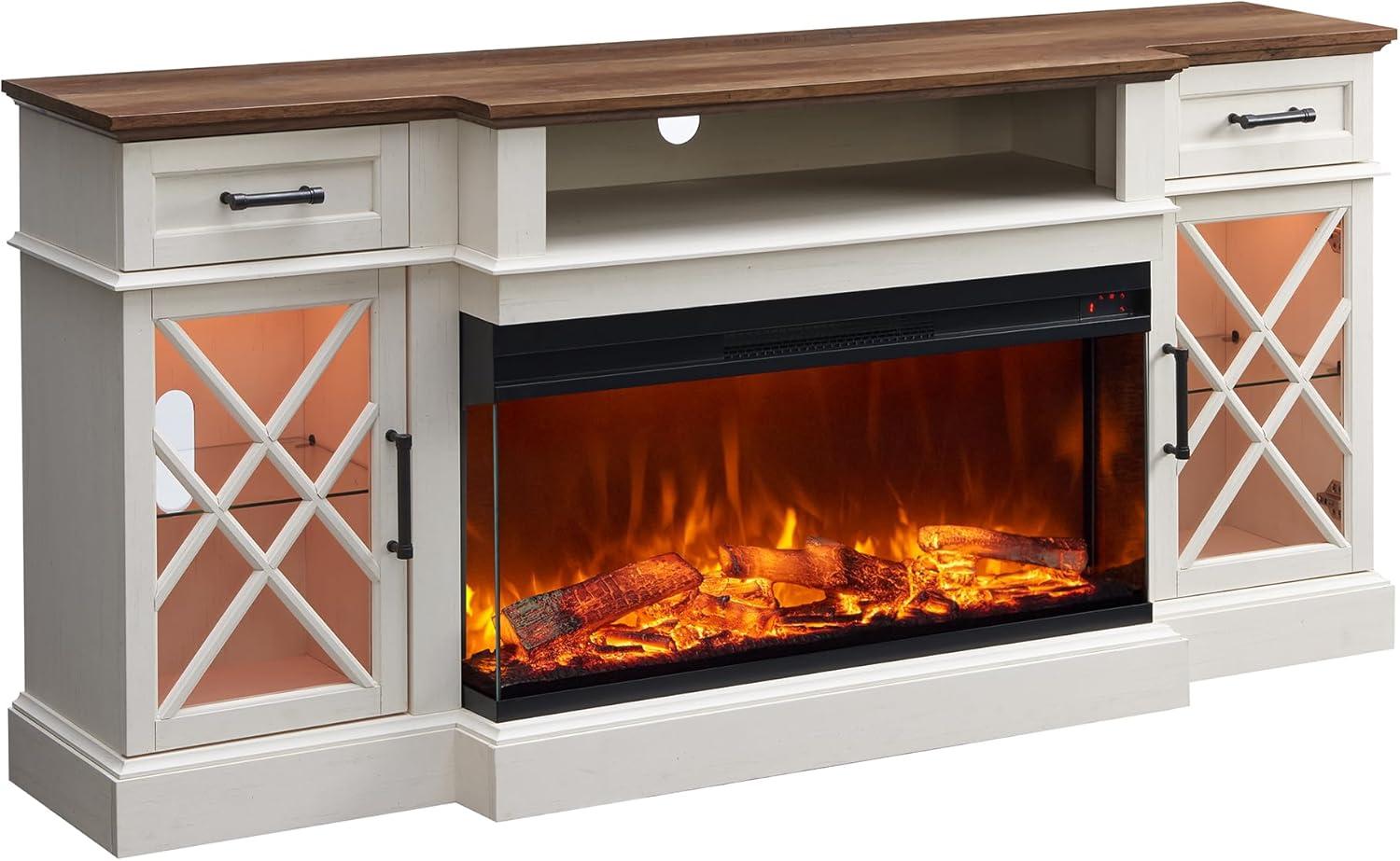 OKD 70" Farmhouse TV Stand w/Electric Fireplace & Glass Door Storage Cabinet, Antique White