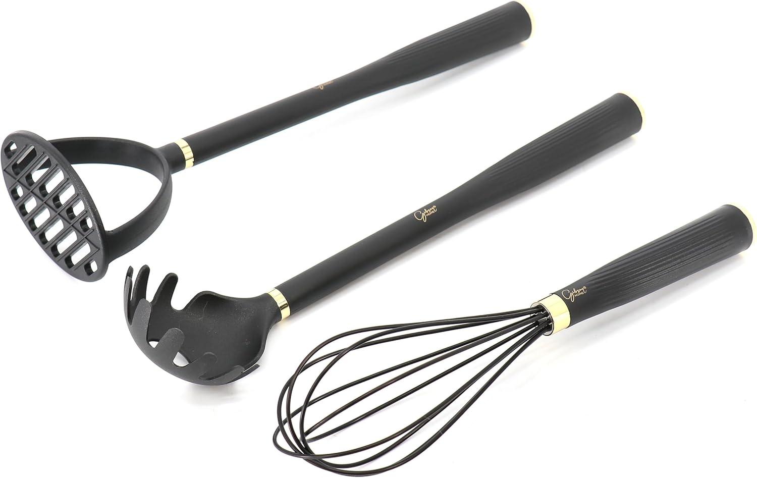 Gibson Home Hampsbridge 10 Piece Nylon Kitchen Tool Set and Utensil Crock in Black and Gold