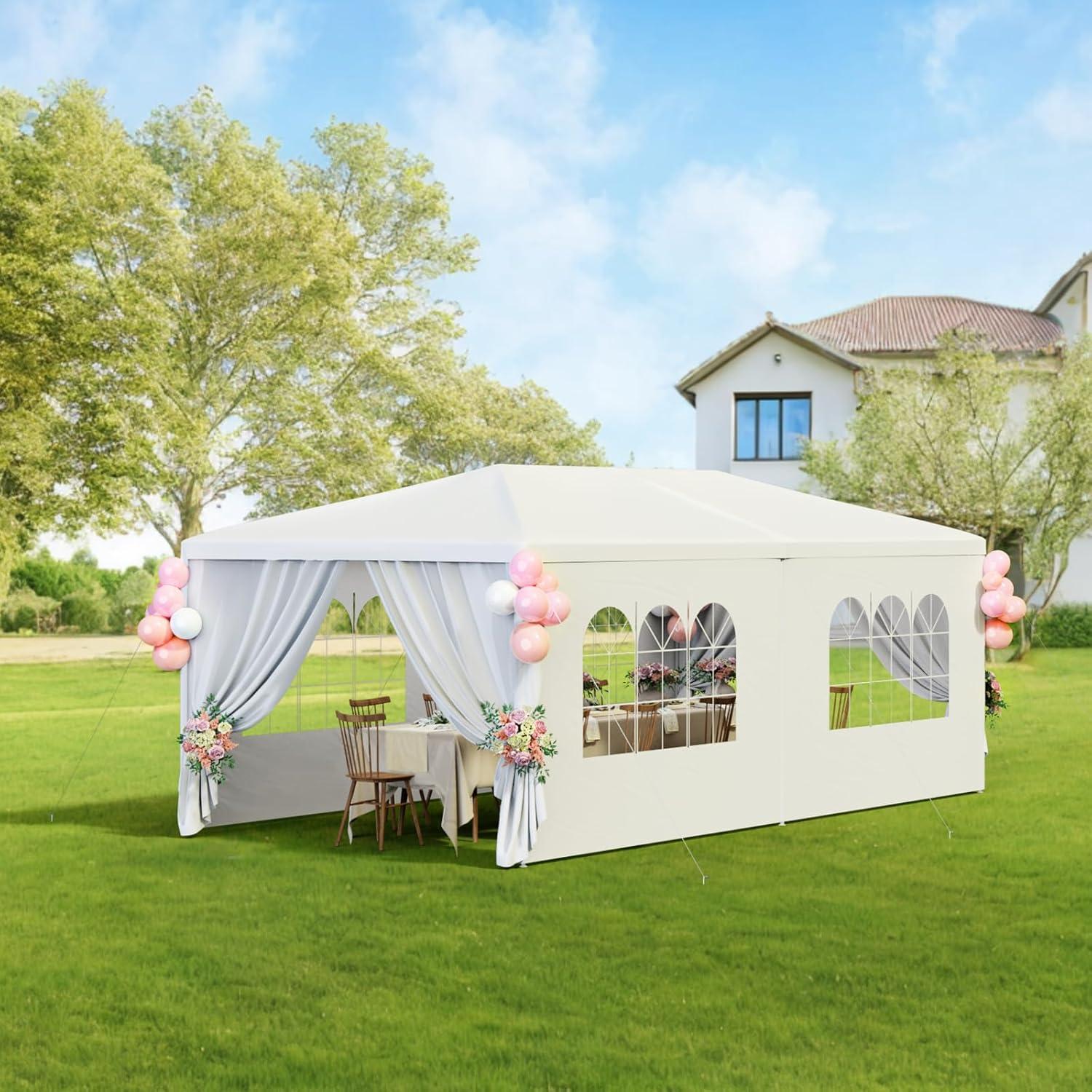 ZENSTYLE Gazebo Party Outdoor Tent in White,10 x 20' with 6 Side Walls Wedding Canopy Cater Events