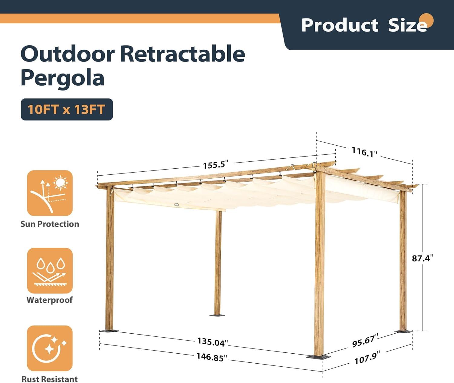 Beige 10' x 13' Wood-Grain Aluminum Pergola with Retractable Canopy