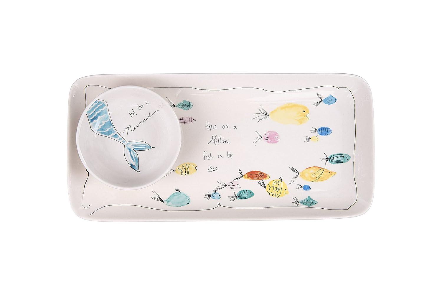 Storied Home Stoneware Plate & Small Round Dish with Fish Print White 2pc: Nautical Coastal Beach Style, Dishwasher-Safe