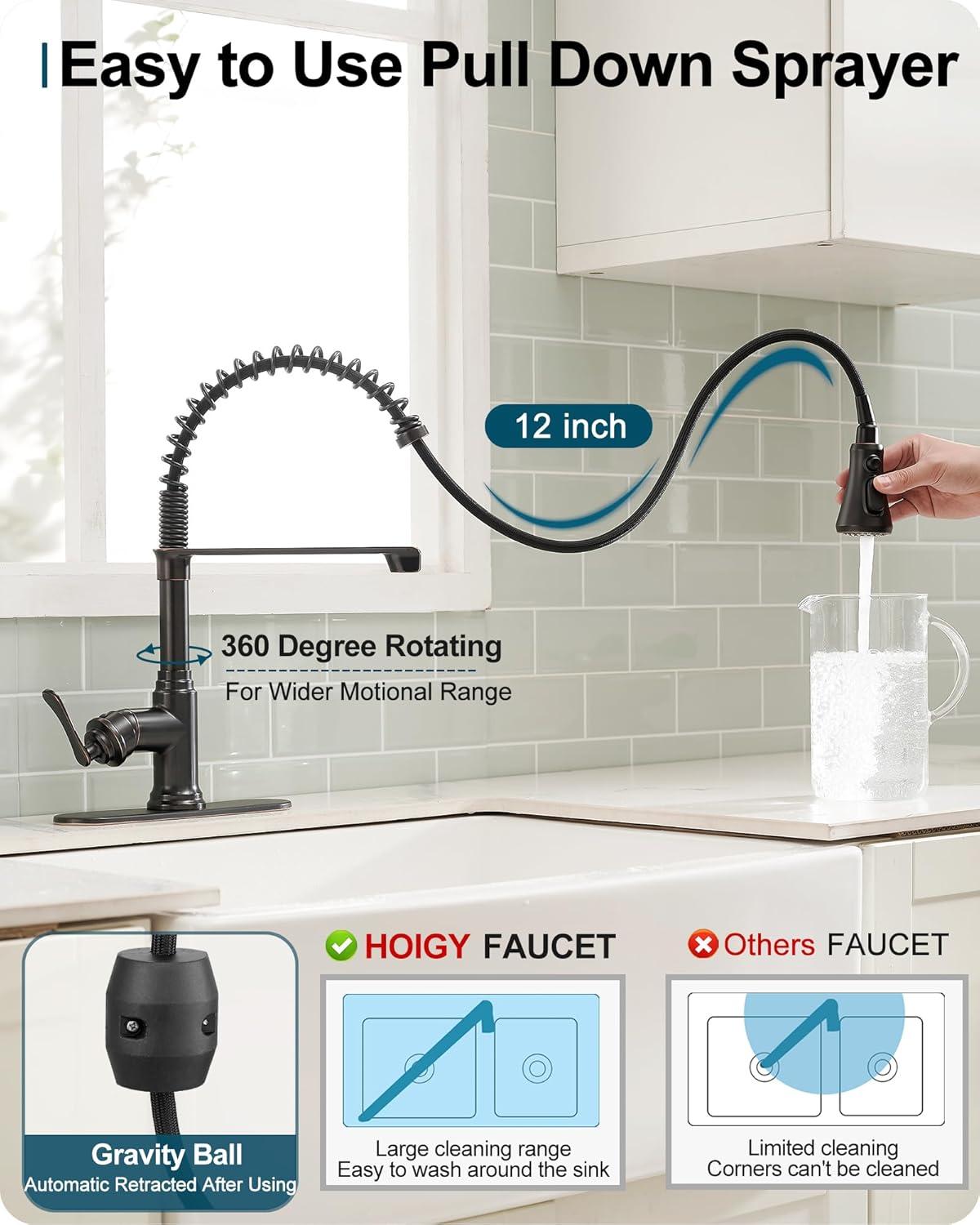 FORIOUS Rustic Kitchen Faucet with Pull Down Sprayer Oil Rubbed Brown, 3 Modes Stainless Steel High Arc Vintage Spring Sink Faucet 1 or 3 Holes for Pot Filler, Farmhouse Camper Wet Bar