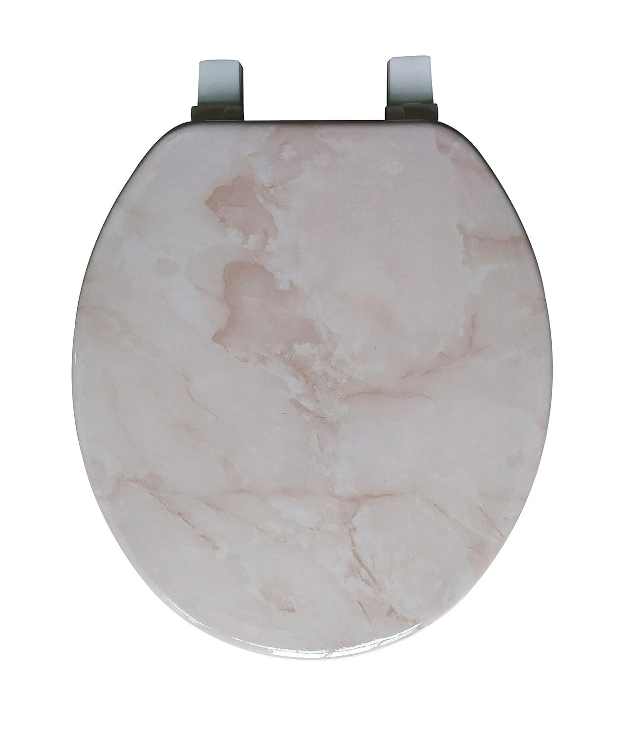 Beige Marbleized Wood Round Toilet Seat with Non-Slip Hardware
