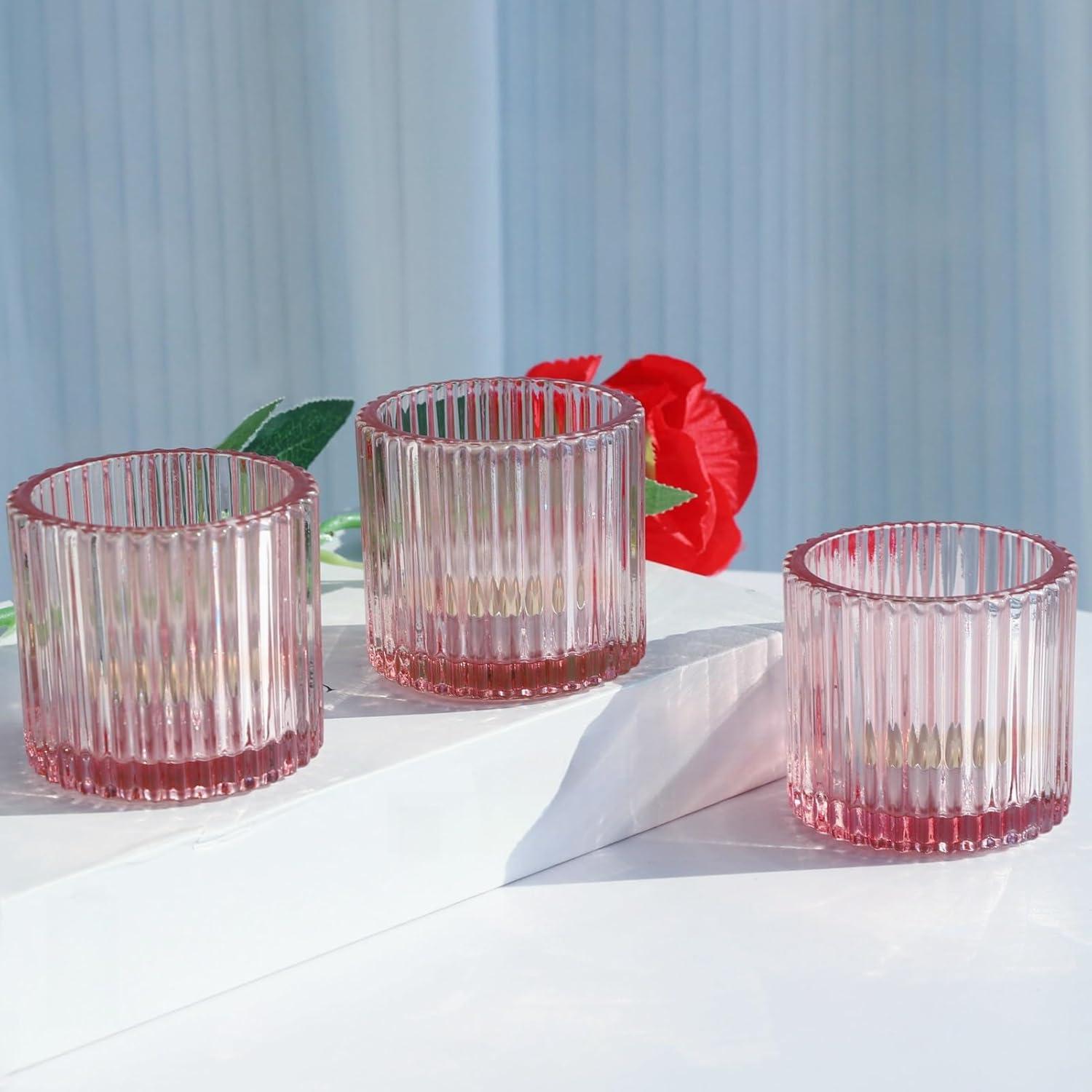 Koyal Wholesale Blush Pink Ribbed Candle Holders, Set of 6