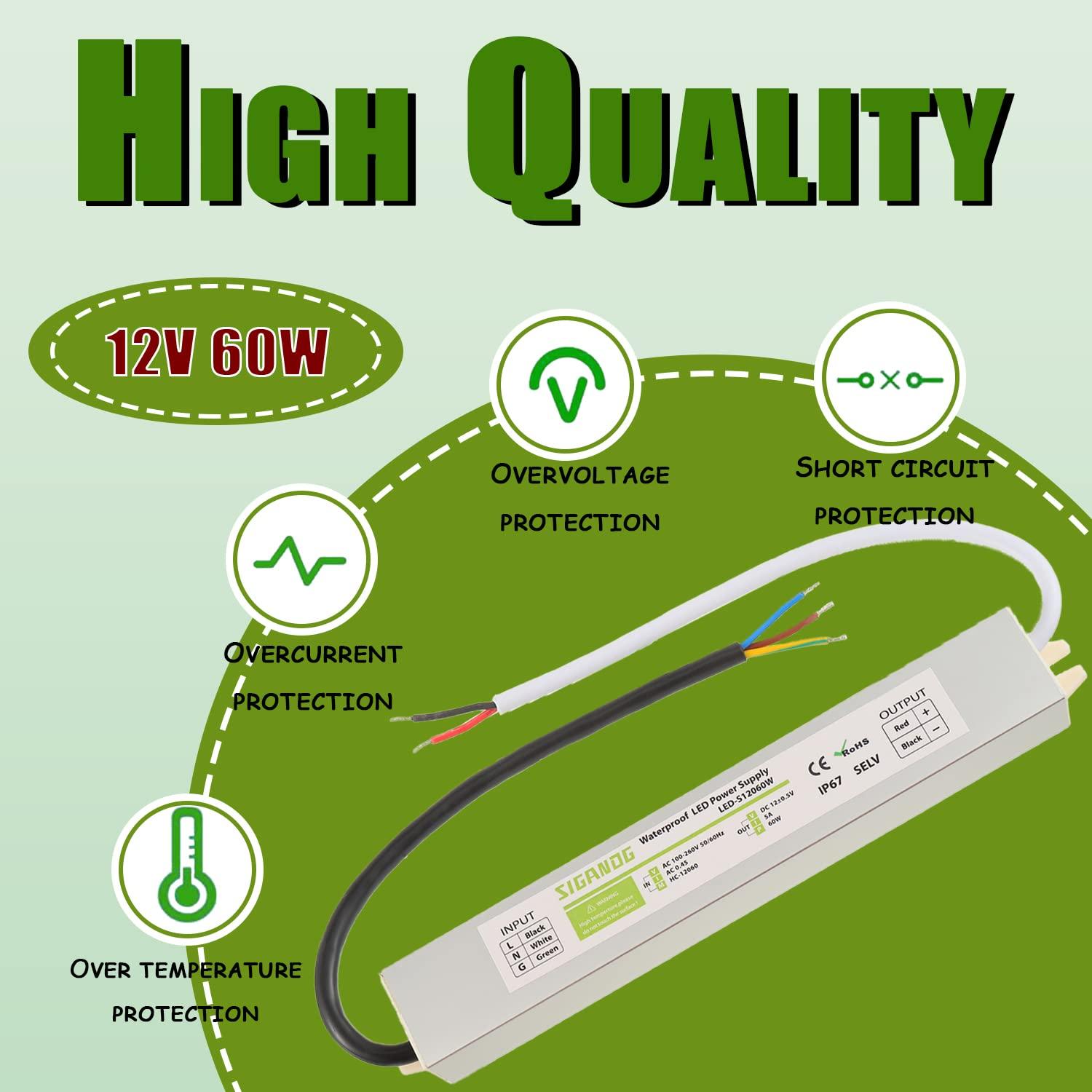 60W Watts LED Driver Power Supply Transformer Adapter Waterproof IP67 100V-260V AC to 12V DC Low Voltage Output for LED Light Outdoor Light 12V DC Led Lights Computer Project