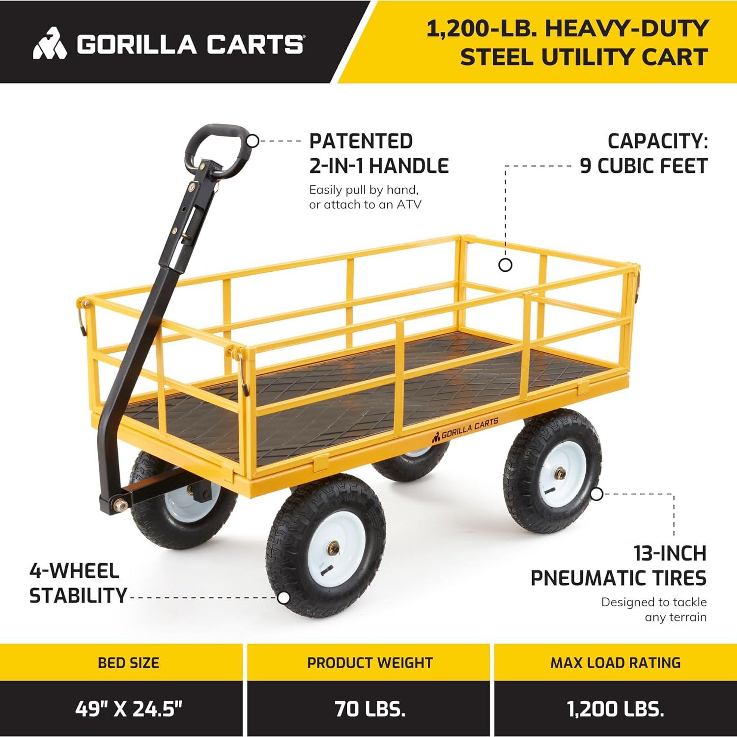 Gorilla Carts 7 Cu Ft Heavy Duty Steel Utility Cart, with Steel Mesh Bed and 1200 Pound Hauling Capacity, for Outdoor, Yard and Camping, Yellow