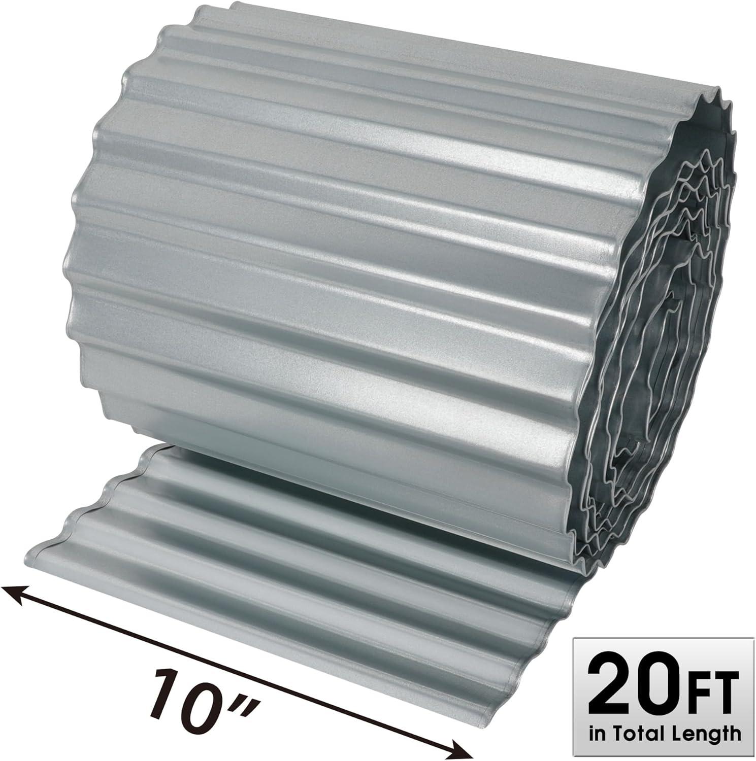 WORTH Wide-Corrugated Galvanized Steel Landscape Lawn Edging - 10" x 20' Flexible Sturdy Garden Long Strips of Metal Edging for Raised Flower Bed Tree Surrounds
