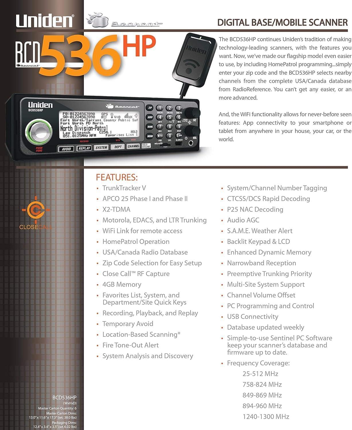 Uniden BCD536HP HomePatrol Series Digital Mobile Scanner with WiFi