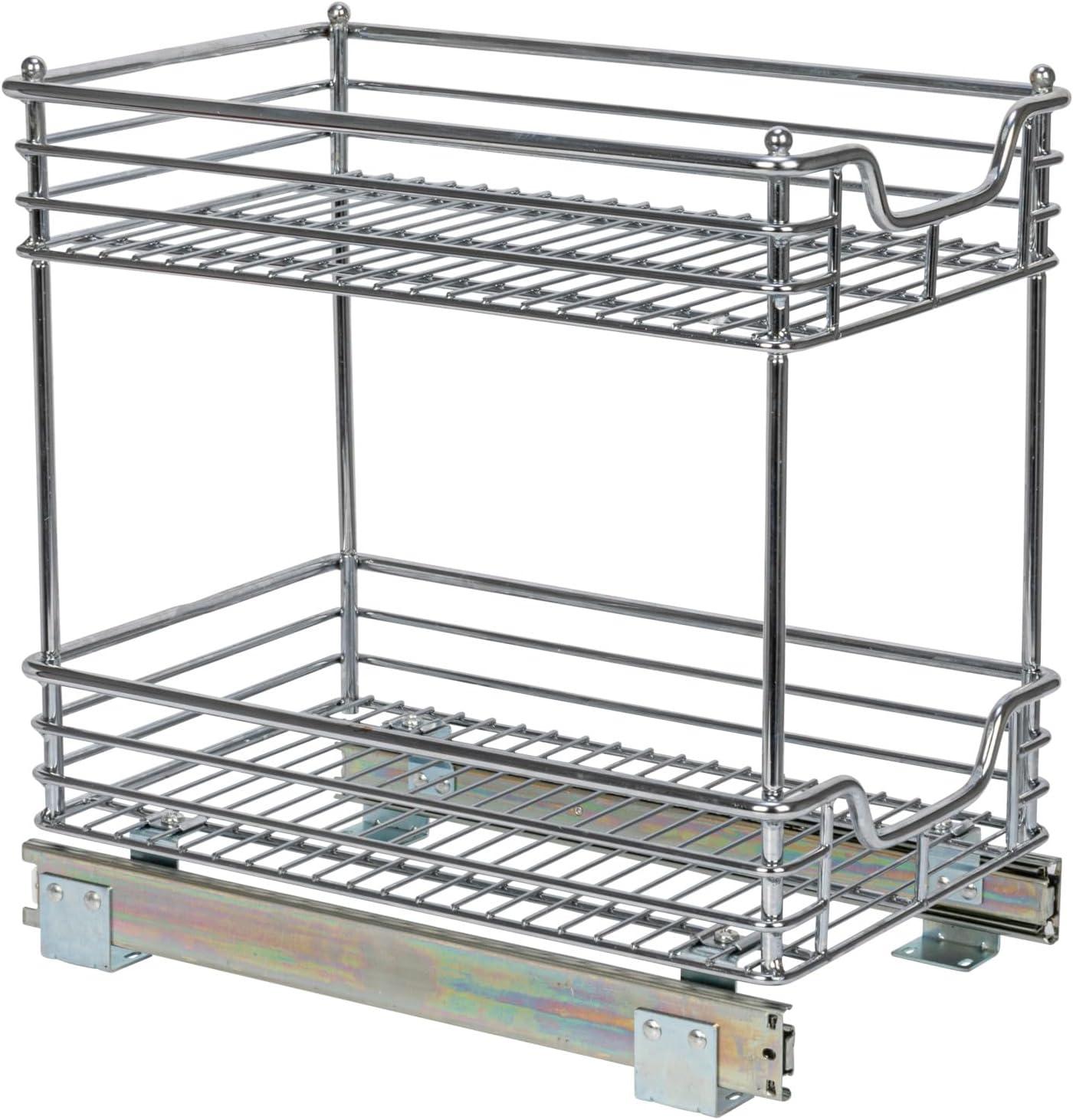 Household Essentials Glidez Multipurpose Chrome-Plated Steel Pull-Out/Slide-Out Storage Organizer for Under Cabinet Use - 2-Tier Design - Fits Standard Size Cabinet or Shelf, Chrome