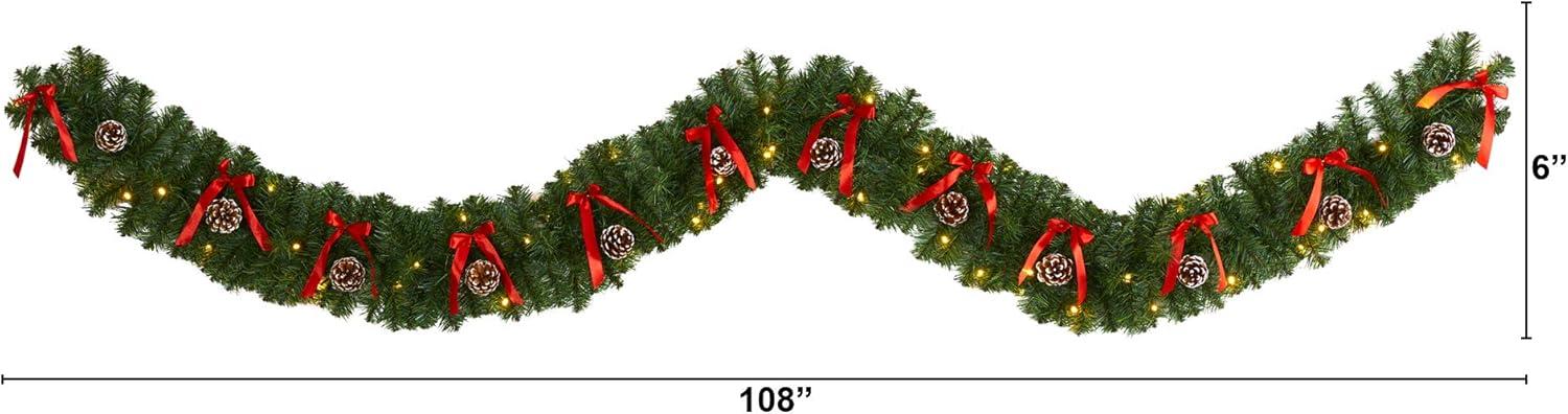 9ft Green Pine Cone and Bow Christmas Garland with LED Lights