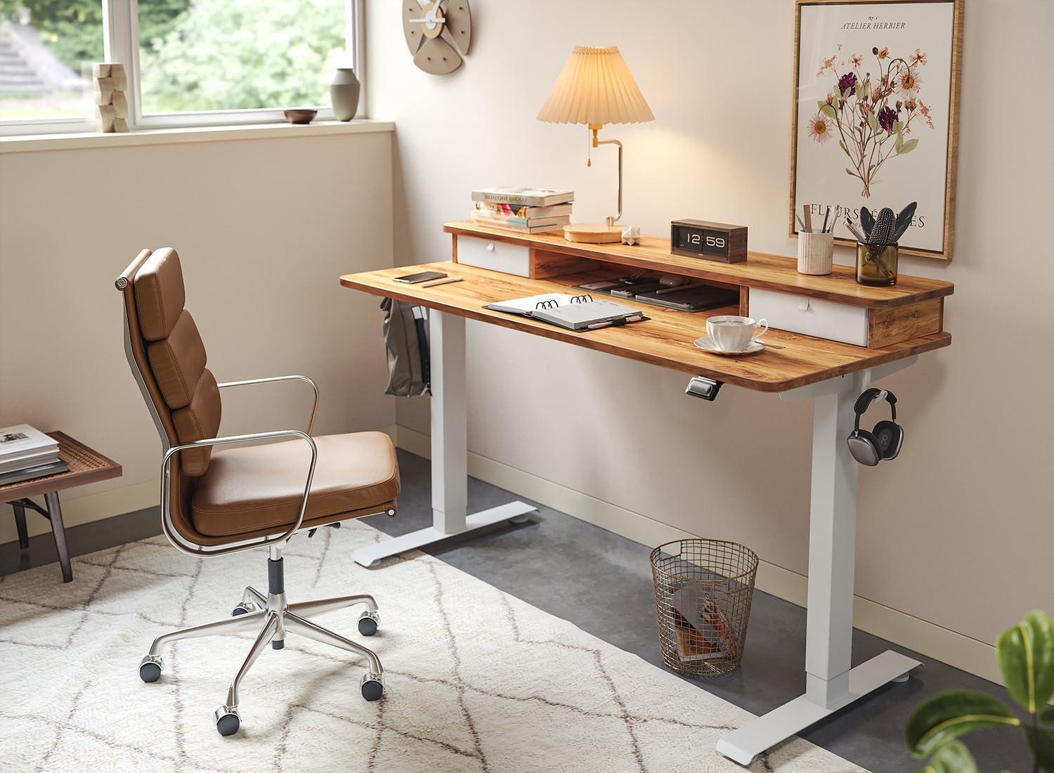 Agilestic Adjustable Height Electric Standing Desk with Storage Wooden Drawer, 55 x 24 Inches Stand Up Home Office Computer Gaming Table for Work Office Home, Rustic Brown