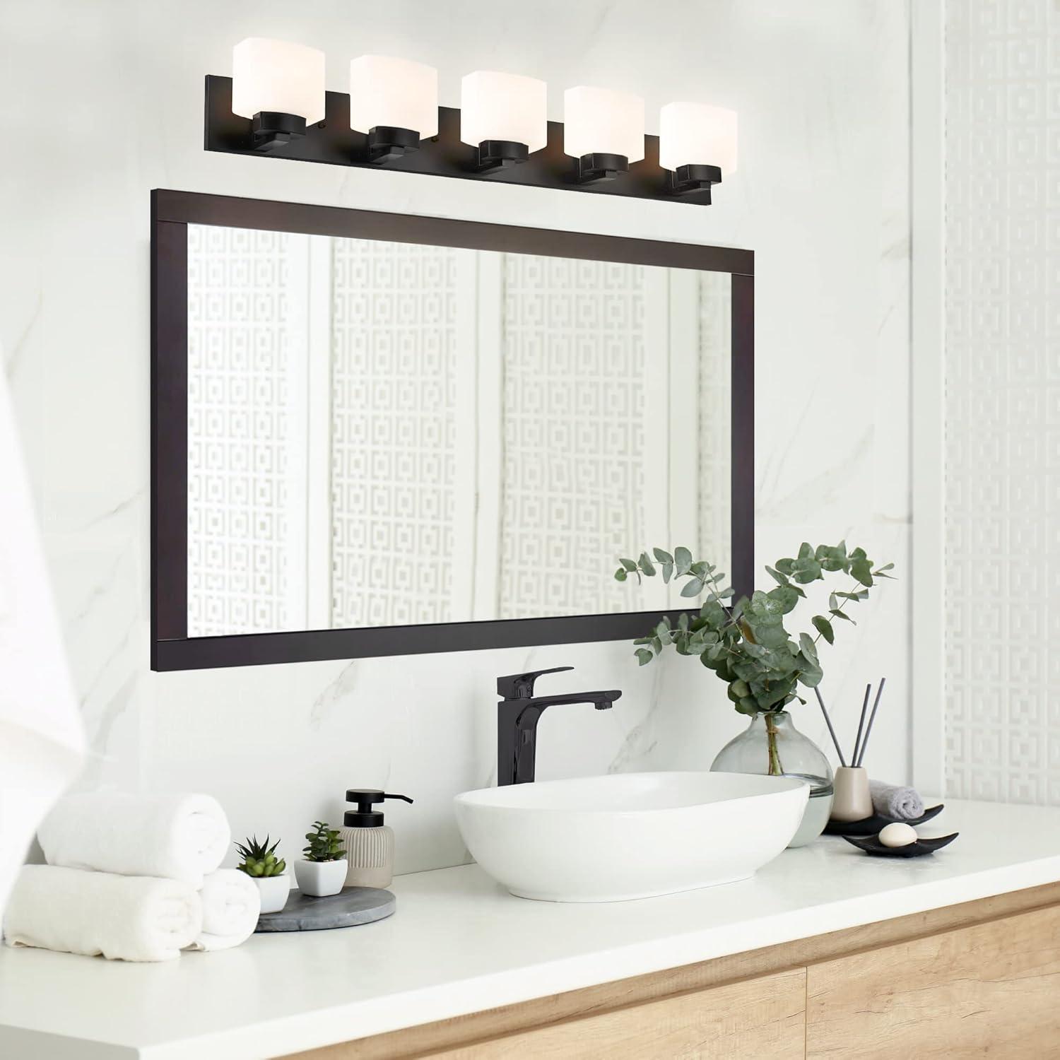 Design House Dove Creek 5-Light Dimmable Vanity Light with Frosted Glass Shades, Matte Black