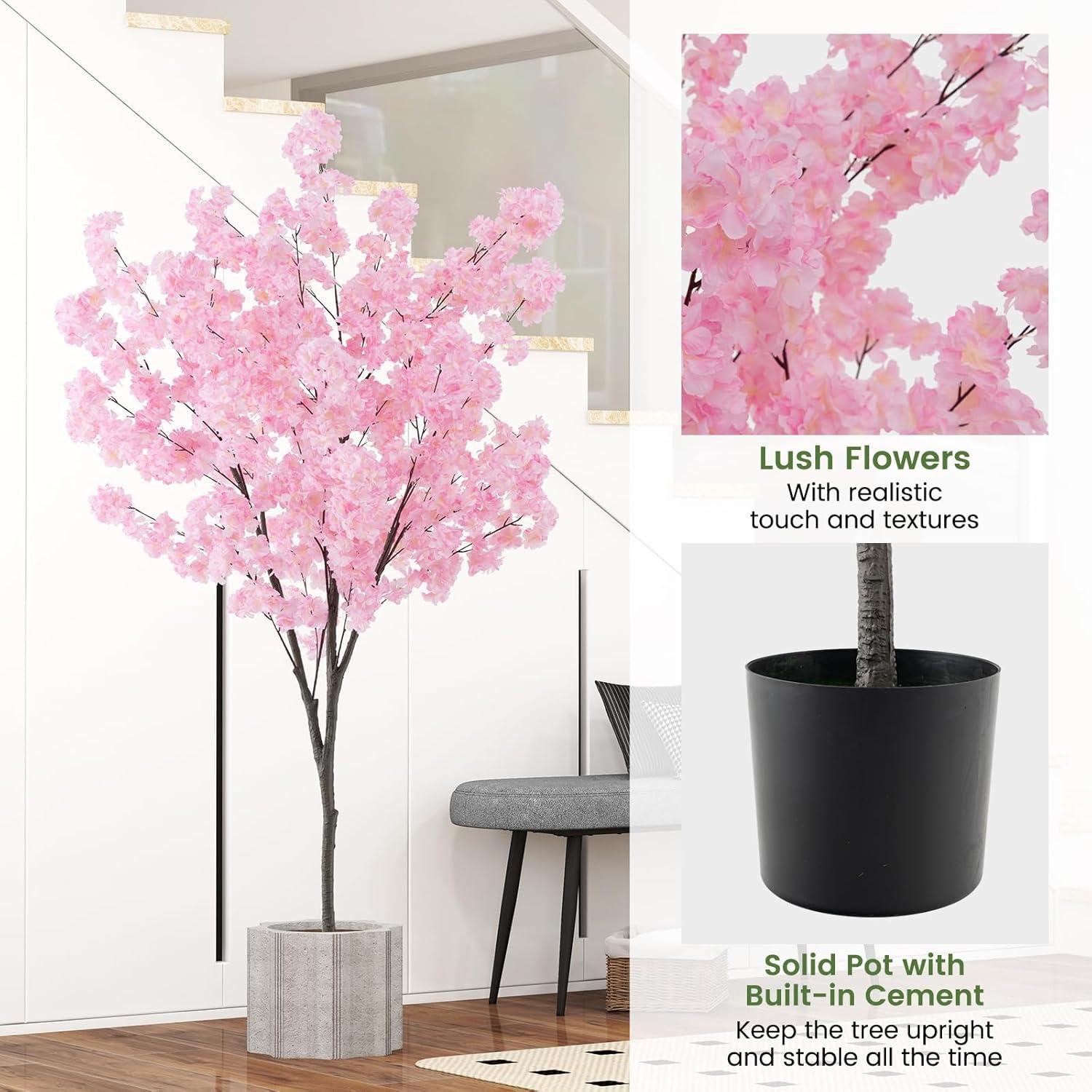 Spaco 6.5 FT Tall Artificial Cherry Blossom Tree with 1170 Pink Flowers, Artificial Cherry Blossom Tree with Stable Structure, Versatile Artificial Cherry Blossom Tree for Indoor and Outdoor, Pink
