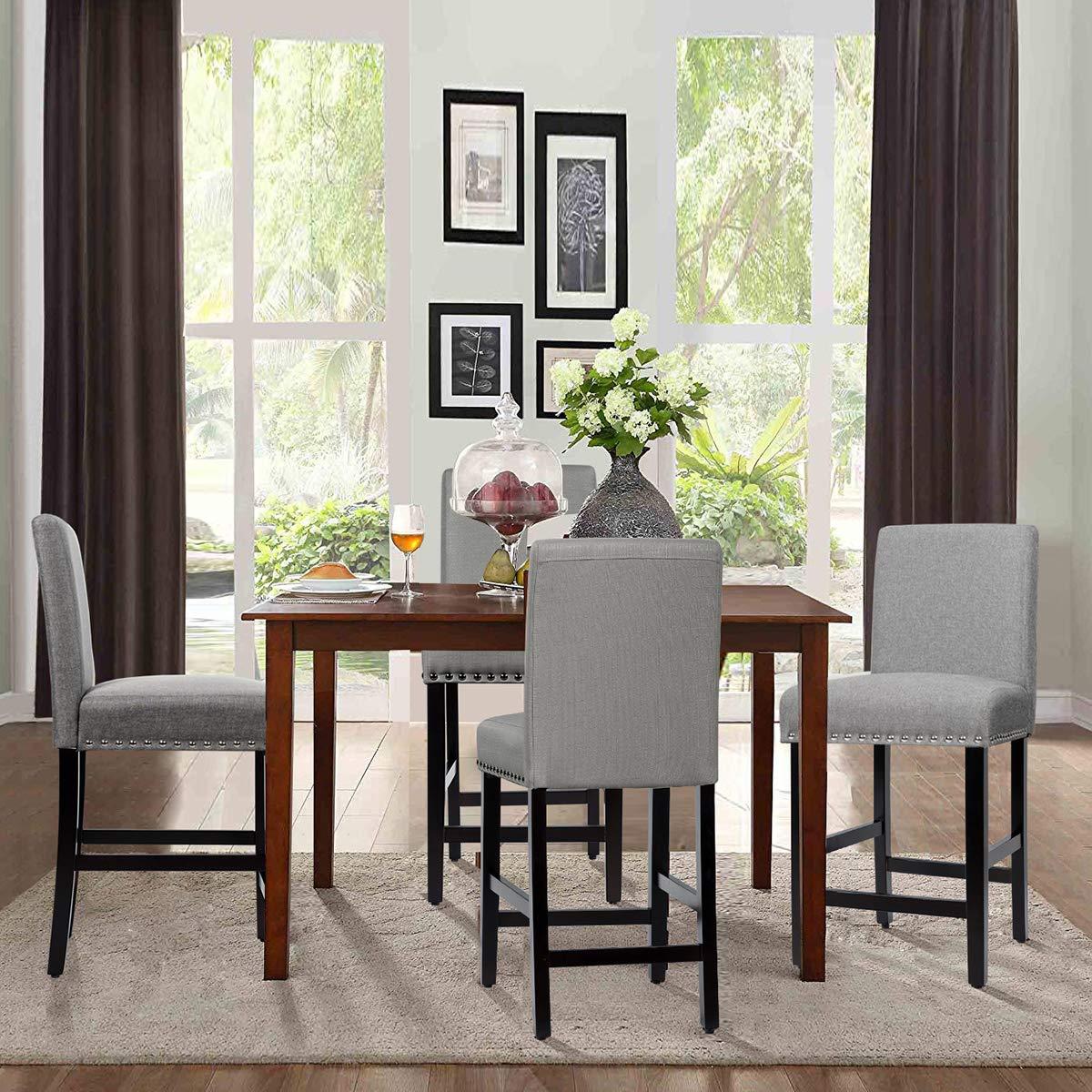 GOTMINSI Counter Height Bar Stool, Classic Upholstered 24 Inches Counter Height Stools Set of 4 barstools with Solid Wood Legs and Grey Fabric