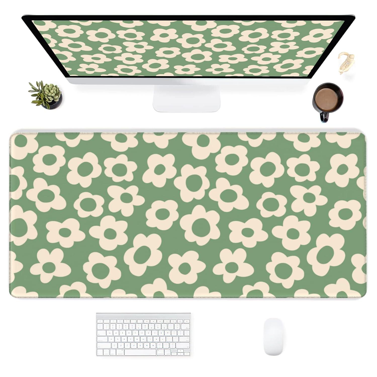 Vintage Groovy Green Flowers Gaming Mouse Pad,Extended Large Mouse Mat Desk Pad,Big Computer Keyboard Desk Pad,Stitched Edges Mousepad,3mm Thick Long Non-Slip Rubber Base Mice Pad, 31.5 X 11.8 Inch