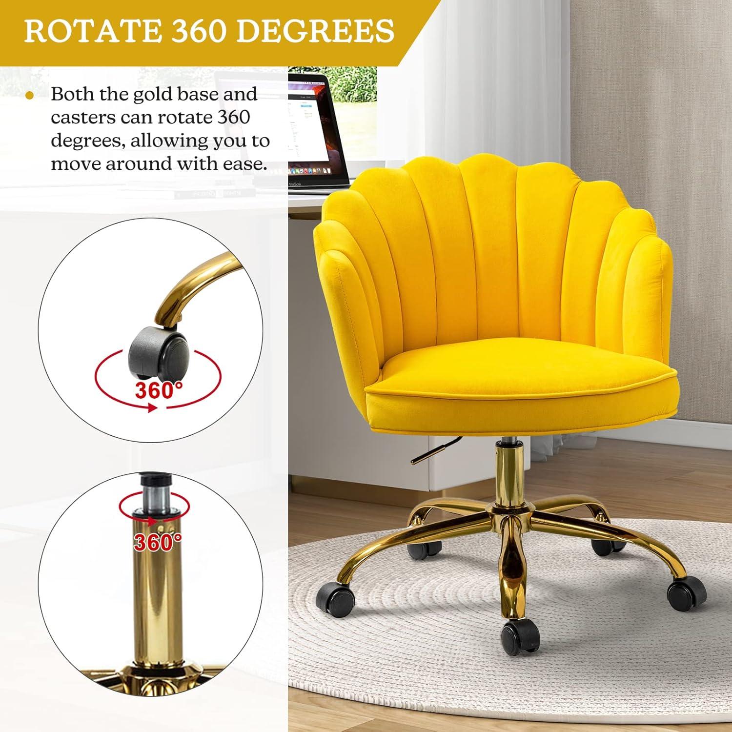 Yellow Velvet Swivel Task Chair with Gold Metal Base
