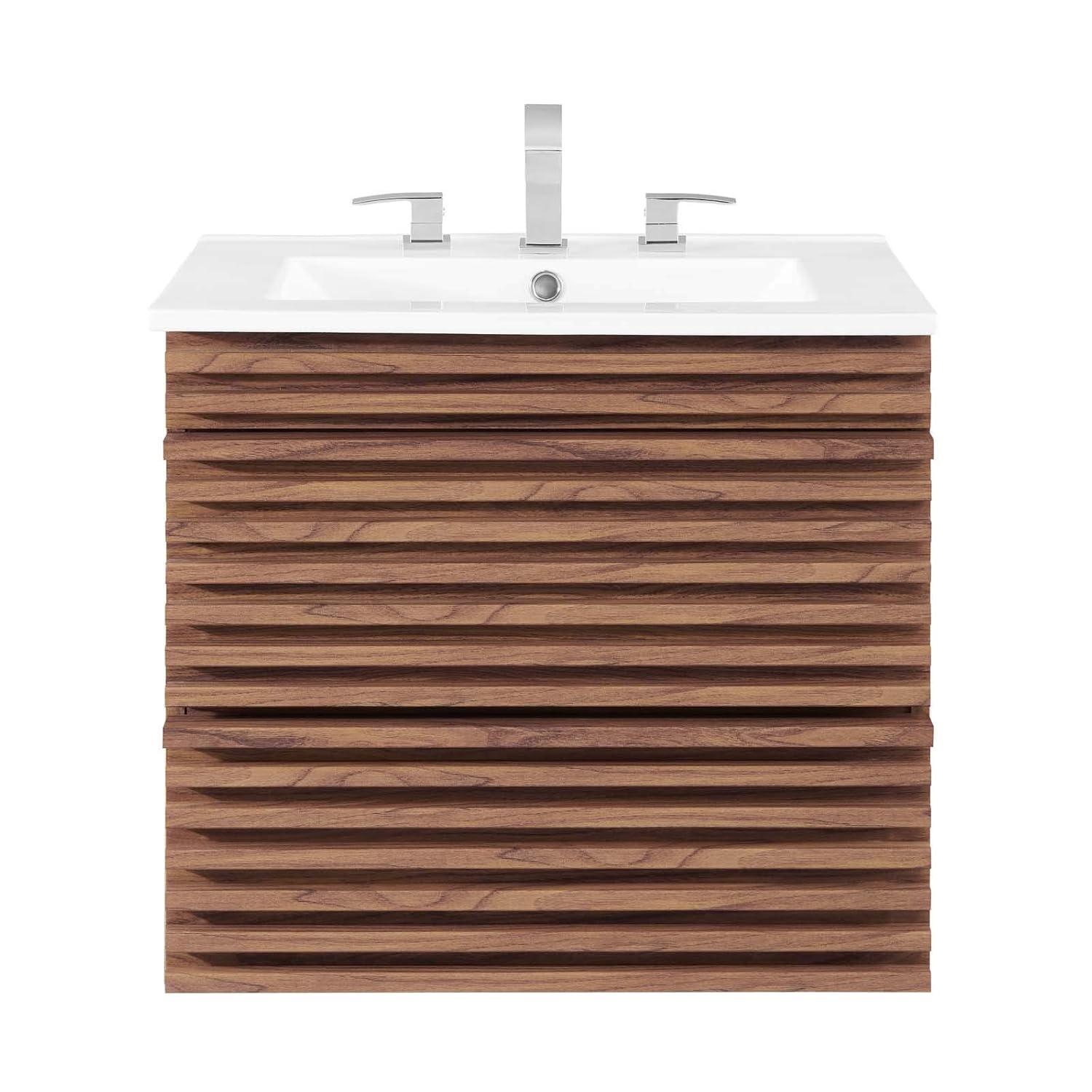 Modway Render 24" Wall-Mount Bathroom Vanity – Mid-Century Modern Floating Sink Cabinet in Walnut and White Finish