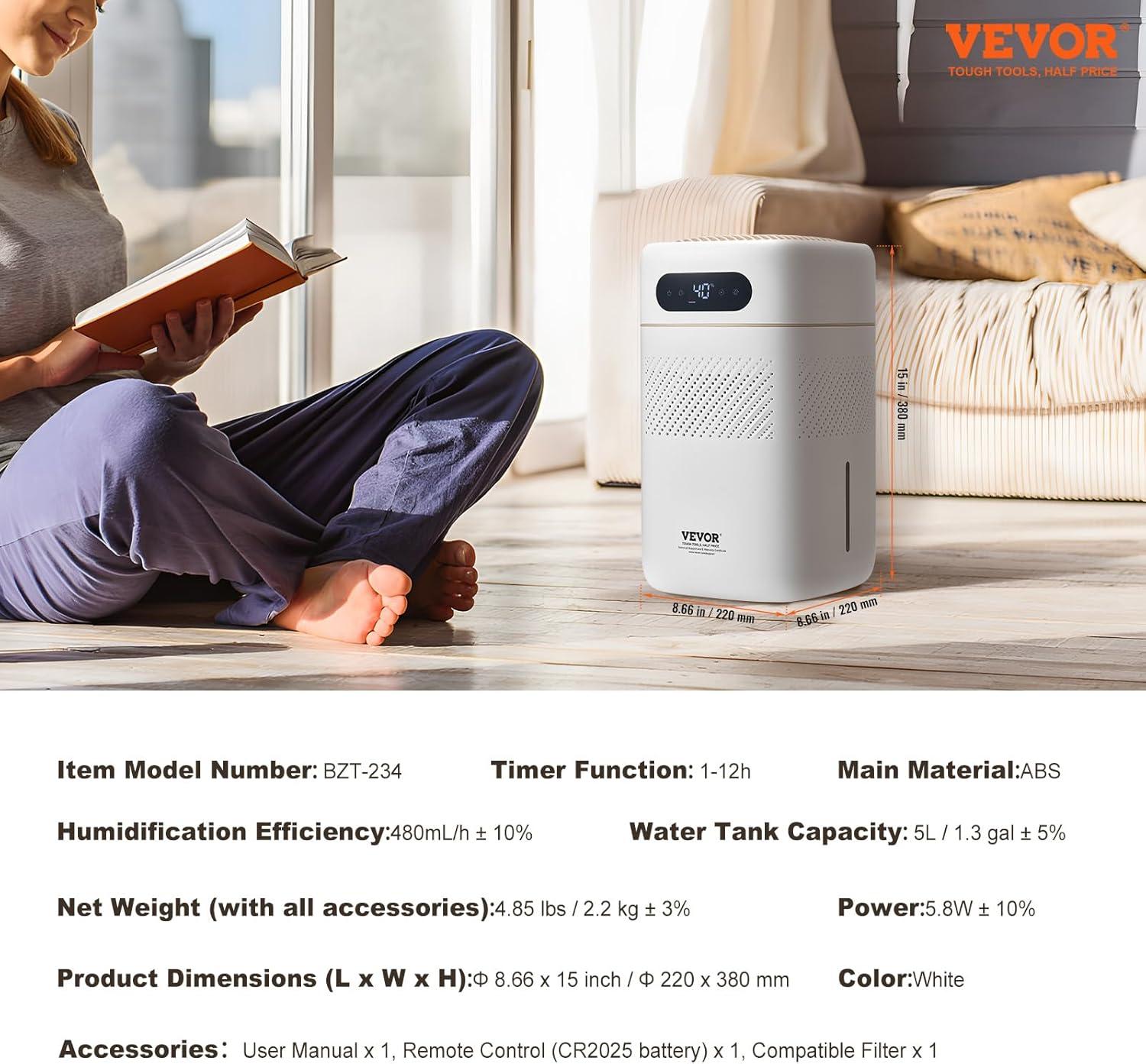 Tieron 5L(1.32G) Evaporative Humidifier for 538.2 sqft Air Purifier for Bedroom