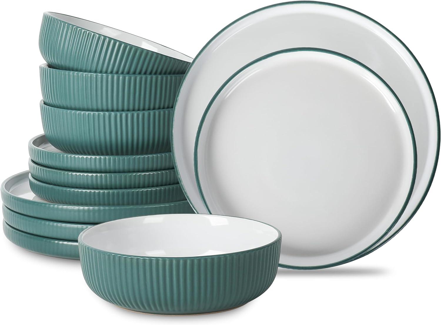 Green Ceramic Coastal 12-Piece Dinnerware Set, Service for 4