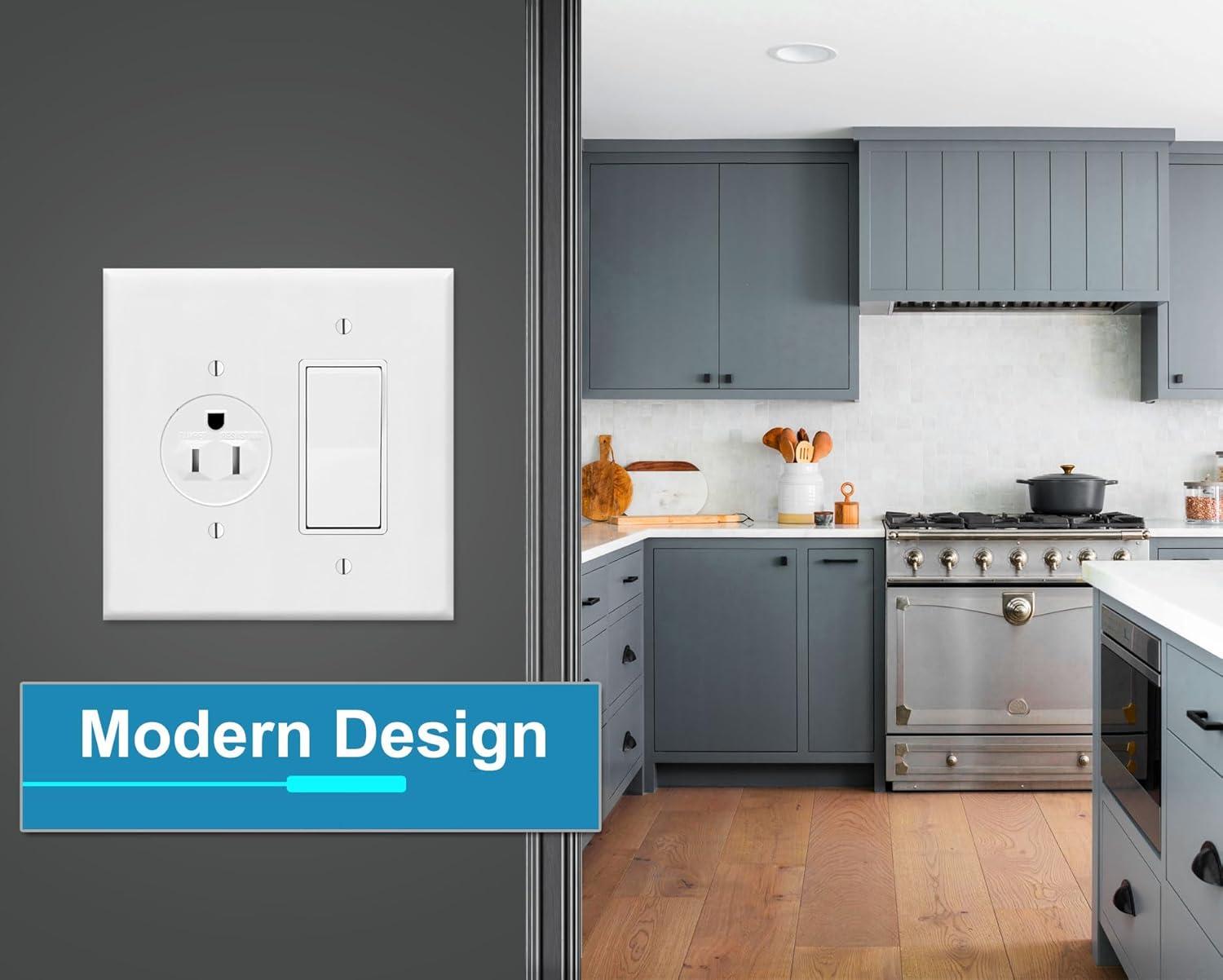 2 Gang Combination METAL Wall Plate - (1) Decora - GFCI - Rocker with (1) 1.406" Single Simplex Style Receptacle - Light Switch Plate Cover, Steel Painted White, UL Listed, 4.5" x 4.5" - Made in USA